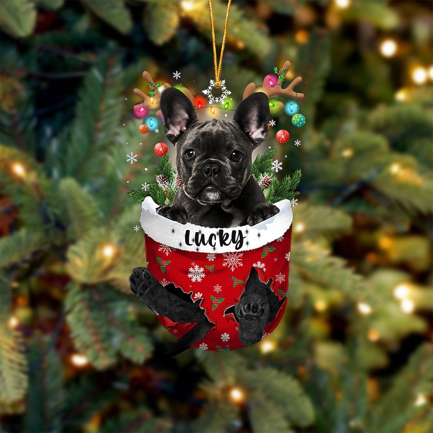 Adornos negros personalizados para perro Bulldog francés, personaliza el nombre de tu perro, Navidad para amantes de los perros, regalo