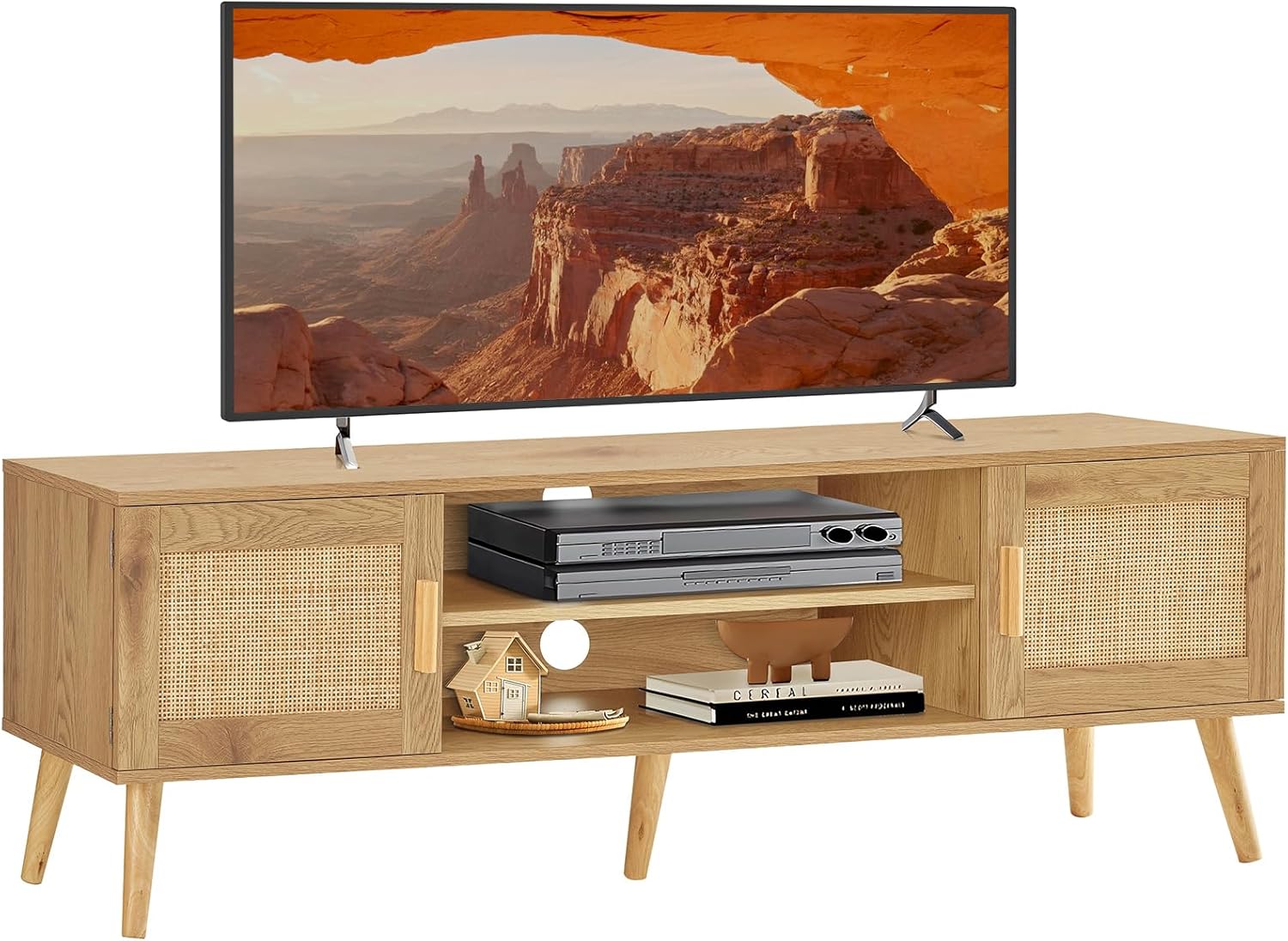 Iwell Soporte de TV bohemio de ratán para TV de 55, 65, 70 pulgadas, consola de TV grande, centro de entretenimiento con estante ajustable y 2
