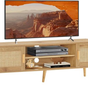 Iwell Soporte de TV bohemio de ratán para TV de 55, 65, 70 pulgadas, consola de TV grande, centro de entretenimiento con estante ajustable y 2 Iwell Soporte de TV bohemio de ratán para TV de 55, 65, 70 pulgadas, consola de TV grande, centro de entretenimiento con estante ajustable y 2