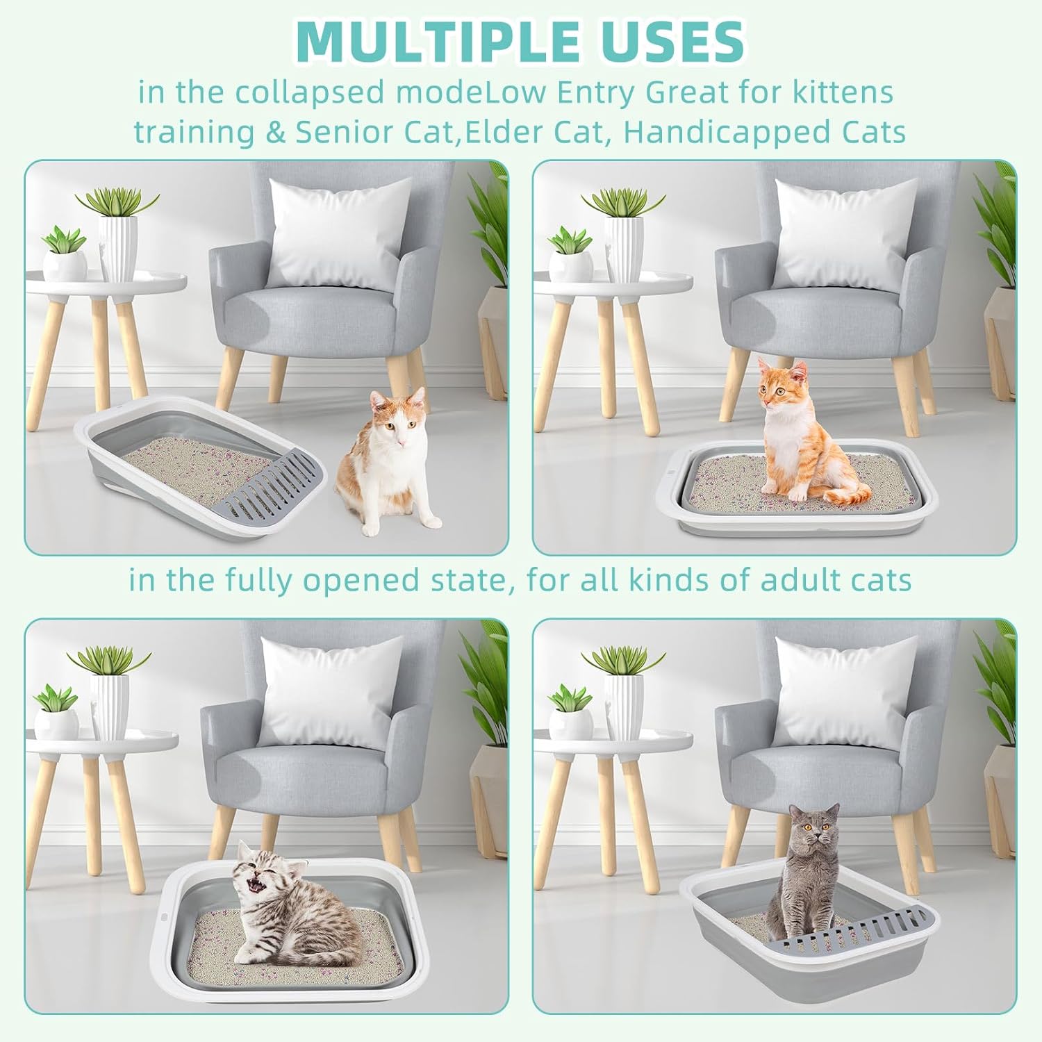 Mifoci 3 cajas de arena plegables para gatos de 17.7 x 13.4 pulgadas con cuchara, caja de arena pequeña plegable para gatos, bandeja