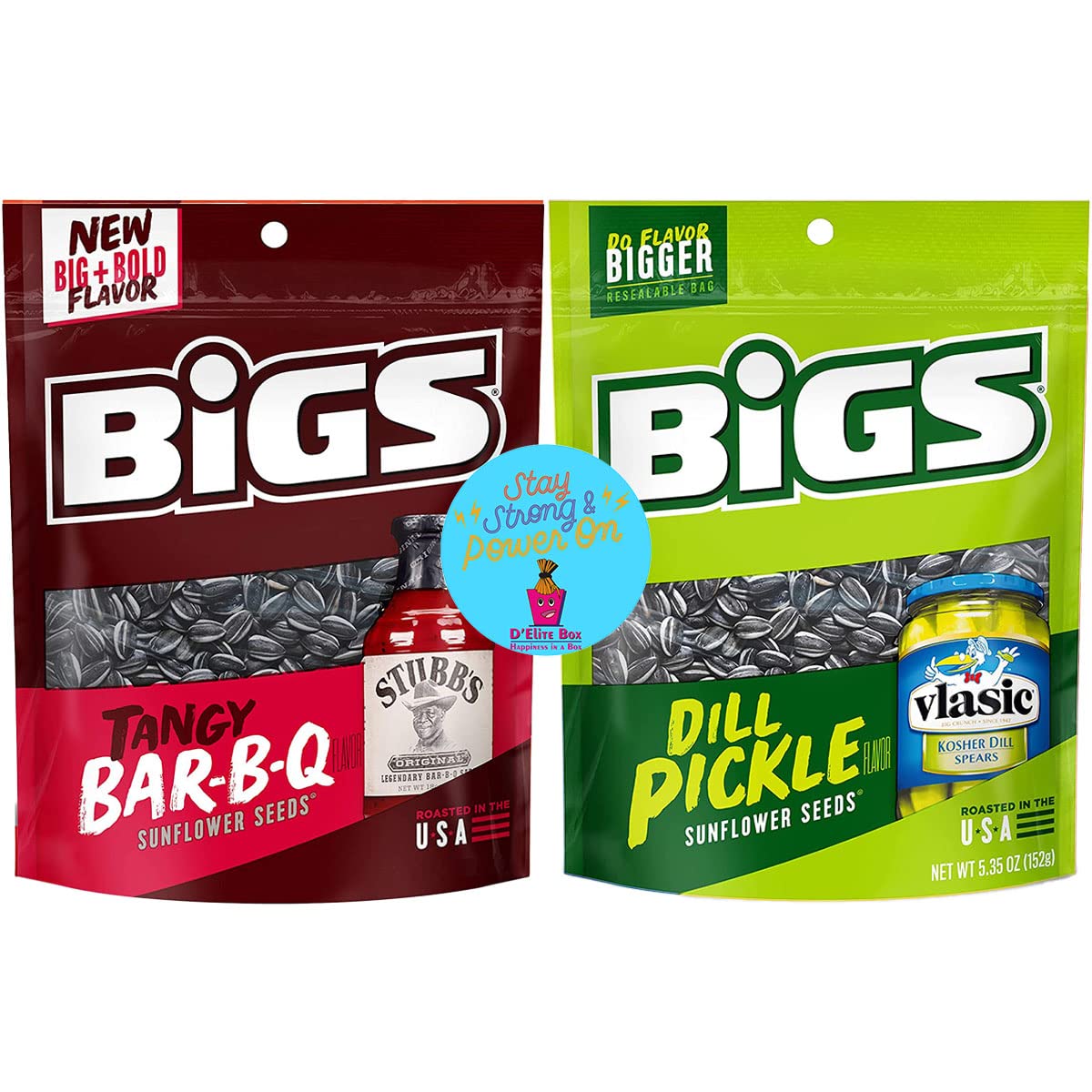 D’Elite Box Paquete variado de semillas de girasol, paquete variado de 2 sabores, pepinillo de eneldo y barbacoa picante, bolsas de 5.35 onzas cada