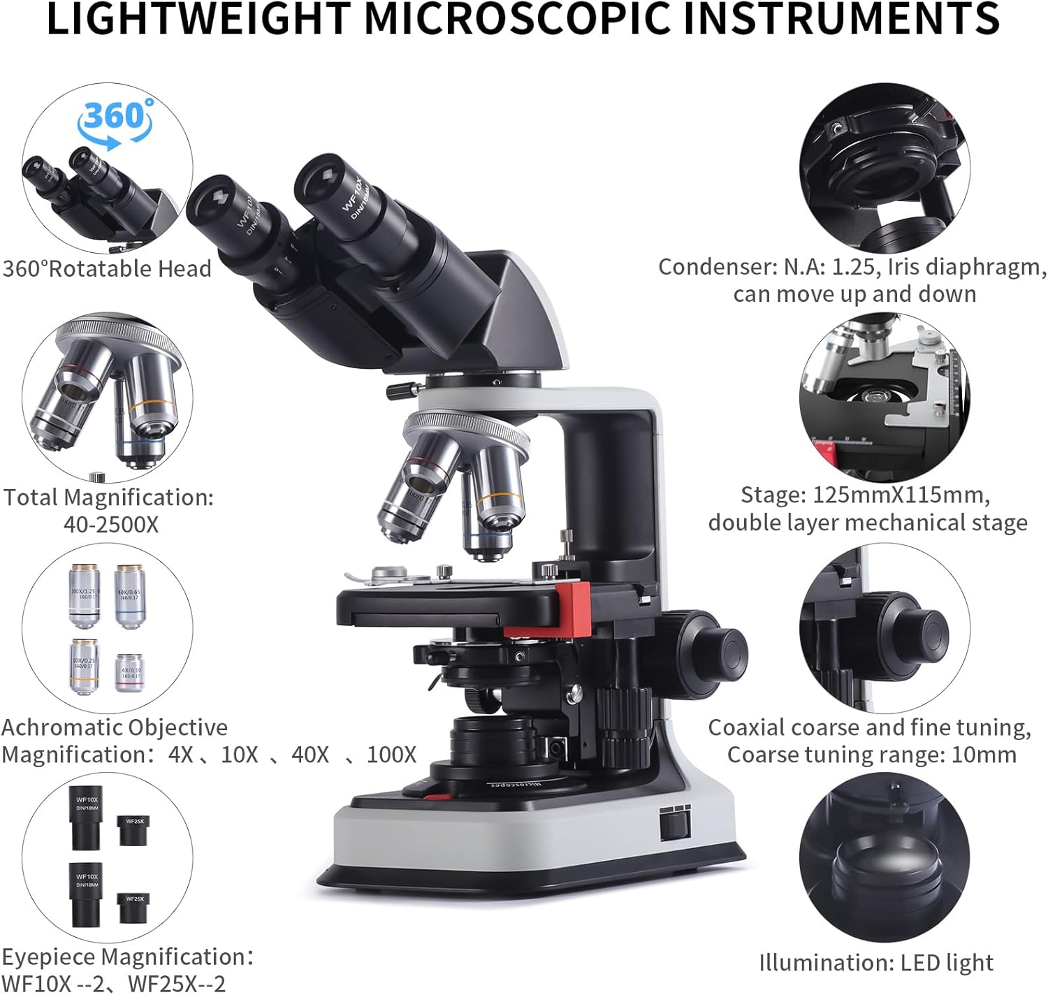 zorazelda Microscopio binocular compuesto, aumento 40X-2500X, cabeza Siedentopf, laboratorio de grado de investigación con oculares de campo ancho