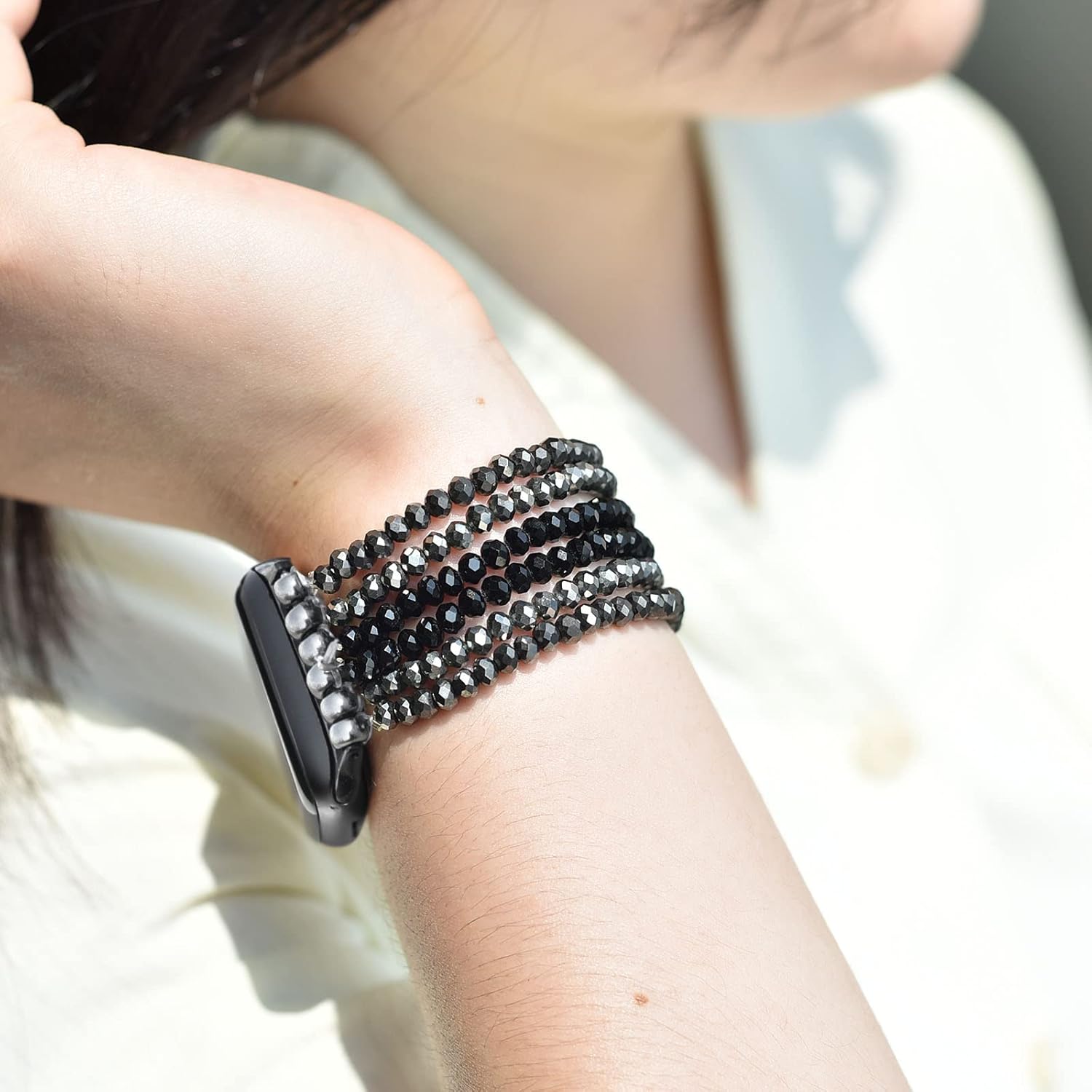 V-MORO Bandas de cuentas compatibles con Apple Watch Band hechas a mano, elásticas y elegantes pulseras de perlas de cristal para iWatch SE Series