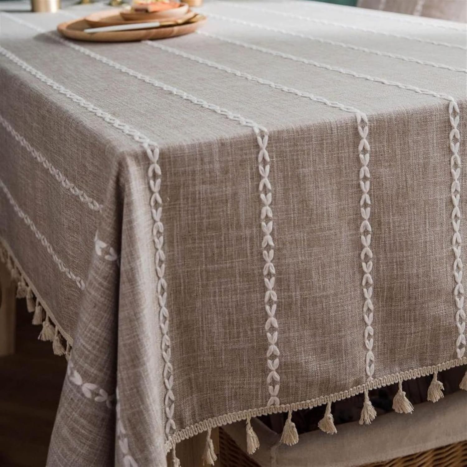 Mantel rectangular lavable de algodón y lino de algodón sin arrugas con bordado, color marrón, mantel pastoral con borla, boda, cena, picnic, mantel