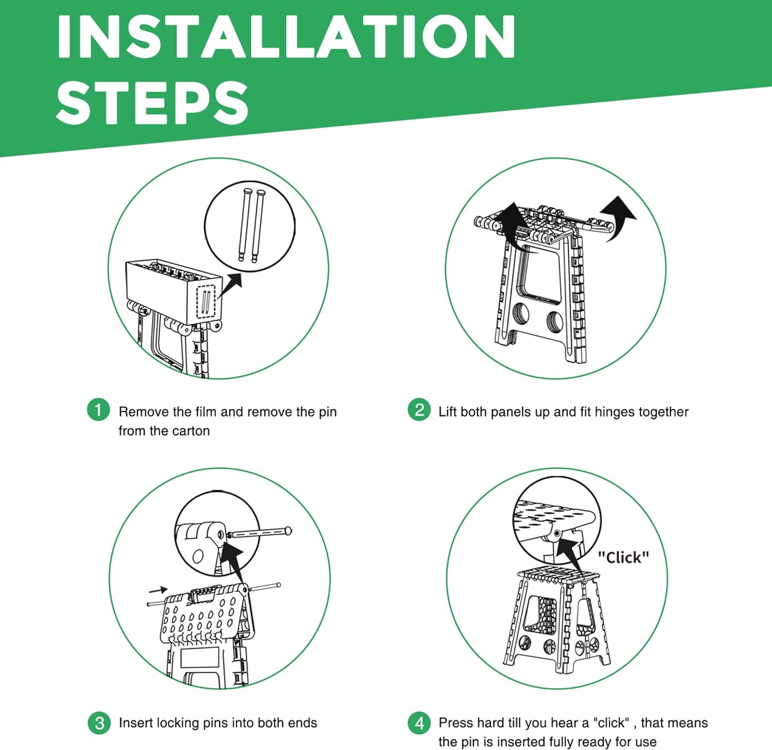 Taburete plegable de 17.5 pulgadas, capacidad de 400 libras, taburete plegable de plástico resistente para adultos y niños, taburete con asa, asa