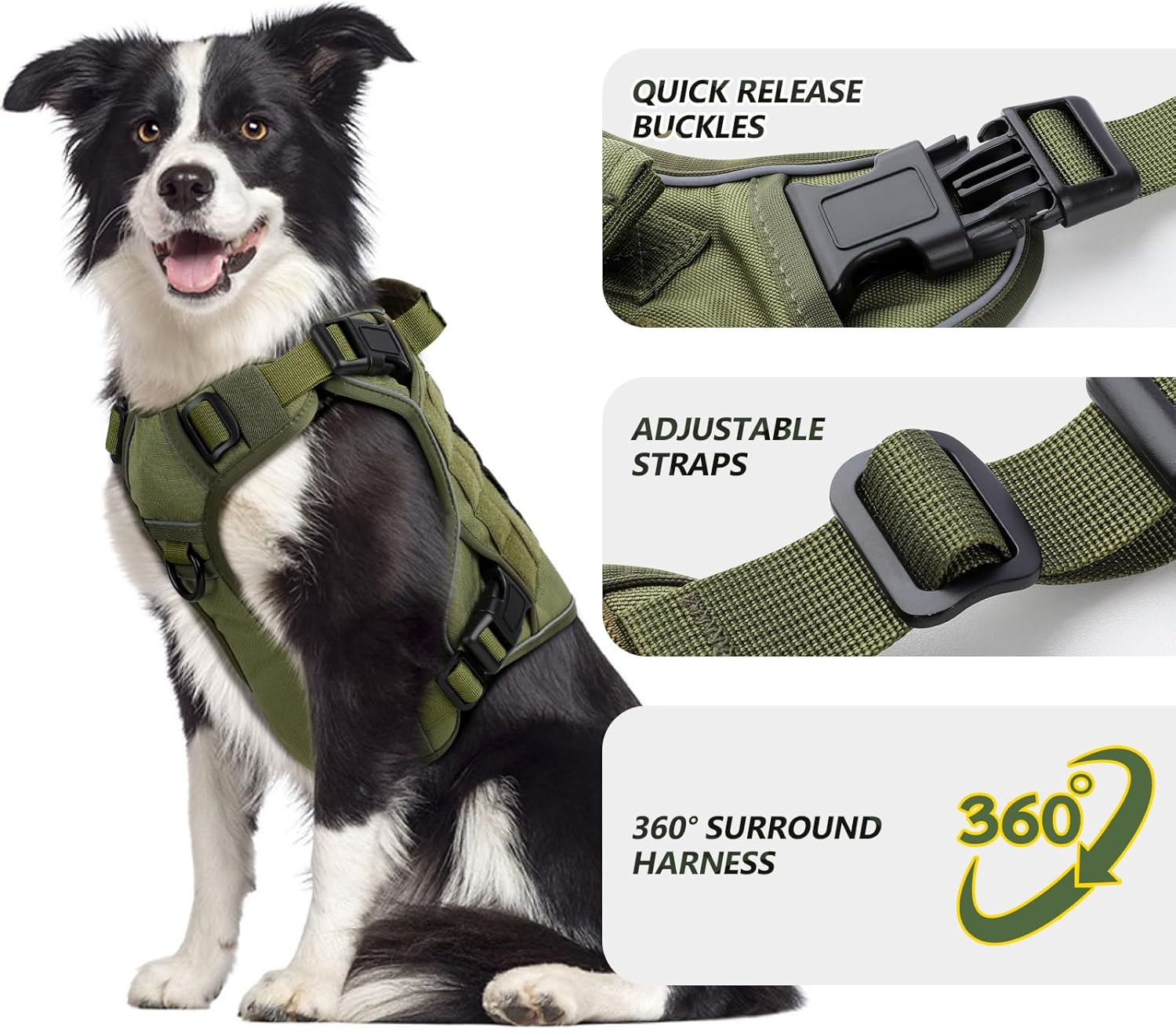 WINGOIN Arnés táctico verde con asa para perros grandes, antitirones, ajustable, reflectante, K9, chaleco militar con asa de fácil control y par de