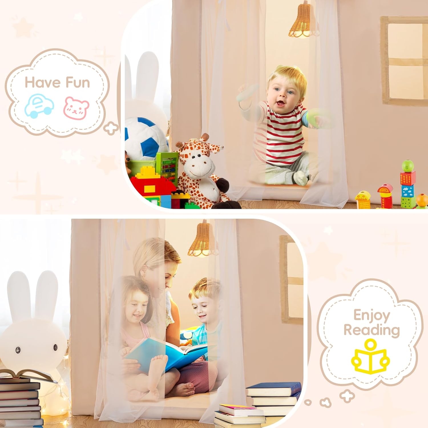 TreeBud Tienda de campaña con alfombrilla acolchada, banderines, luces de hadas, casa de juegos para niños con gran espacio para interiores y
