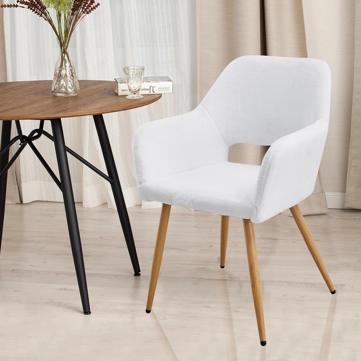 Sillas de comedor de piel sintética blanca, sillas laterales de mediados de siglo, silla de comedor para cocina, comedor, pata de acero de pintura
