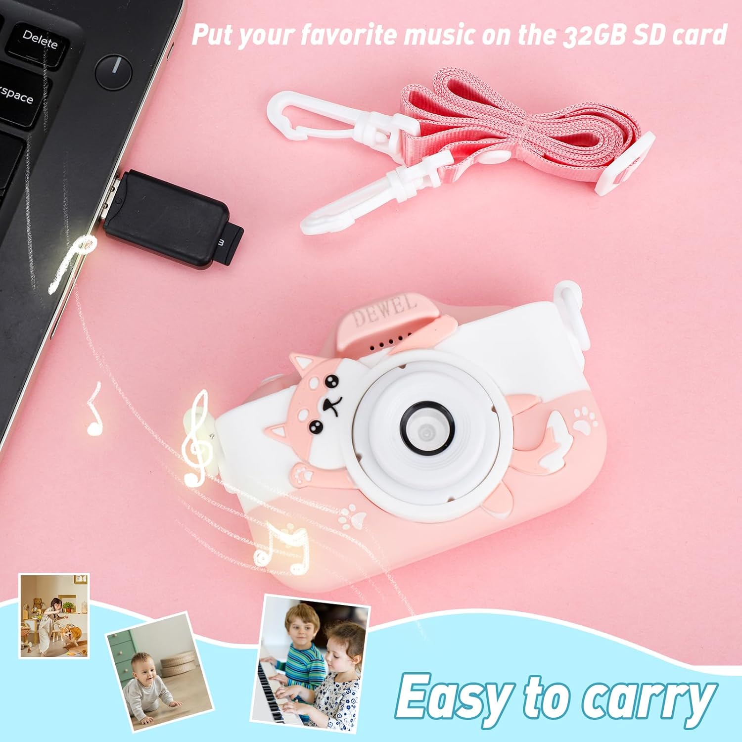 DEWEL Cámara para niños, cámara de juguete, cámara para niños, cámara de video digital selfie HD 1080P para niñosniñas, mini videocámara para niños