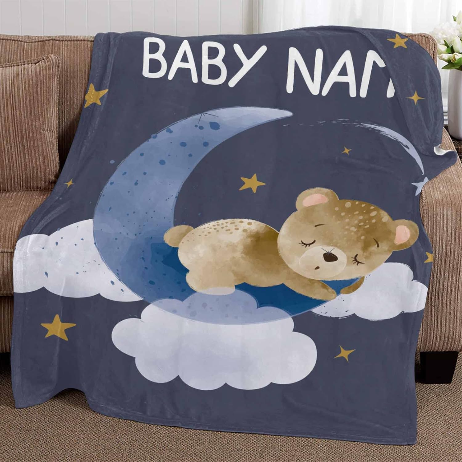 YESCUSTOM Manta de bebé personalizada con nombre para niñas y niños, manta de bebé personalizada con diseño de luna, pequeña estrella, oso para