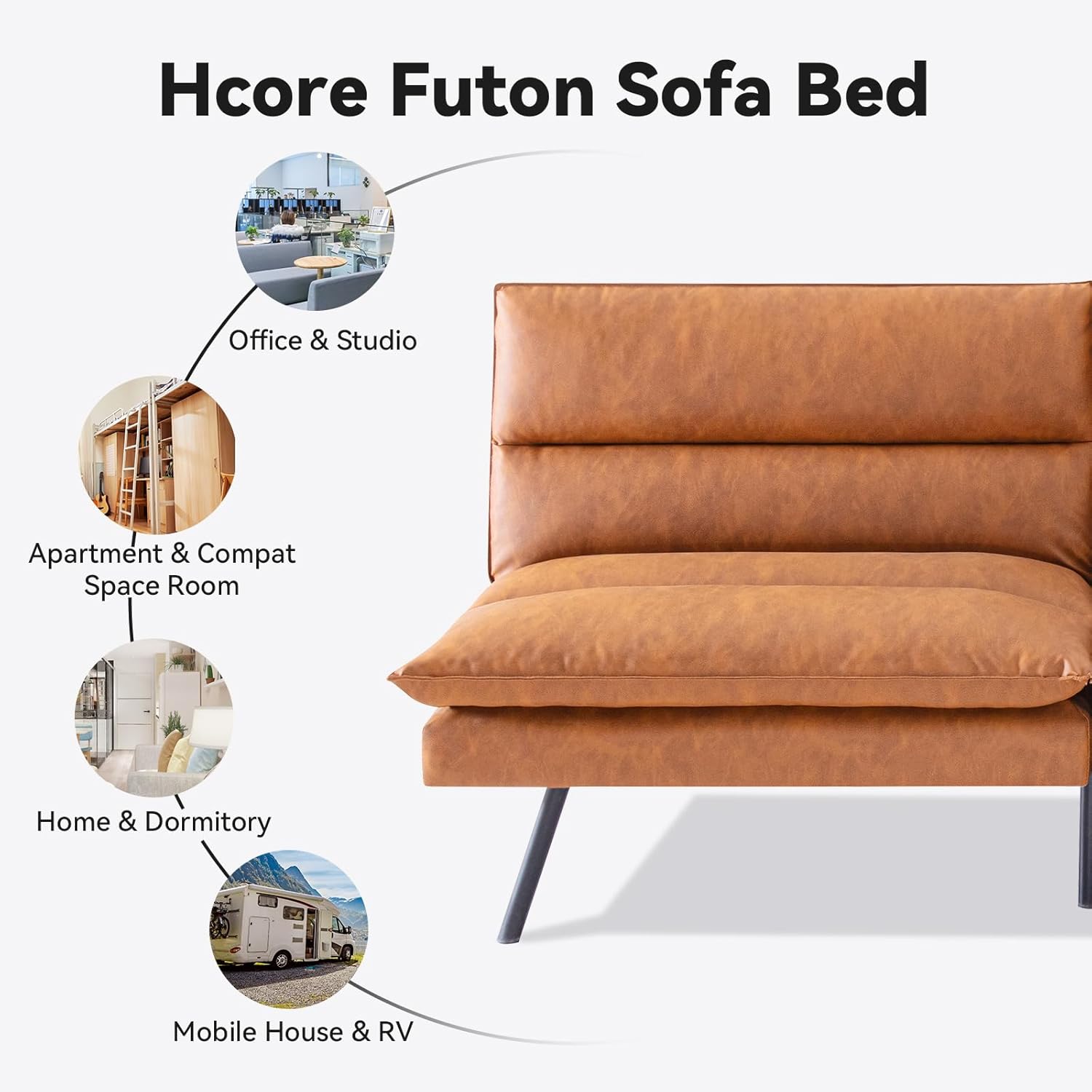 Sofá cama tipo futón convertible, sofá biplaza de espuma viscoelástica de piel sintética marrón, pequeño sofá europeo para espacios de vida