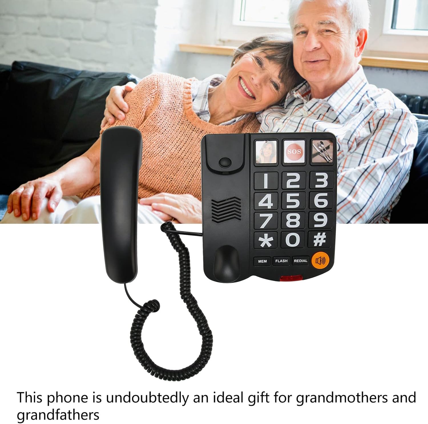 Teléfono fijo con imagen, teléfono con cable de botón grande para personas mayores, teléfonos de escritorio con altavoz, marcación con un clic, SOS,
