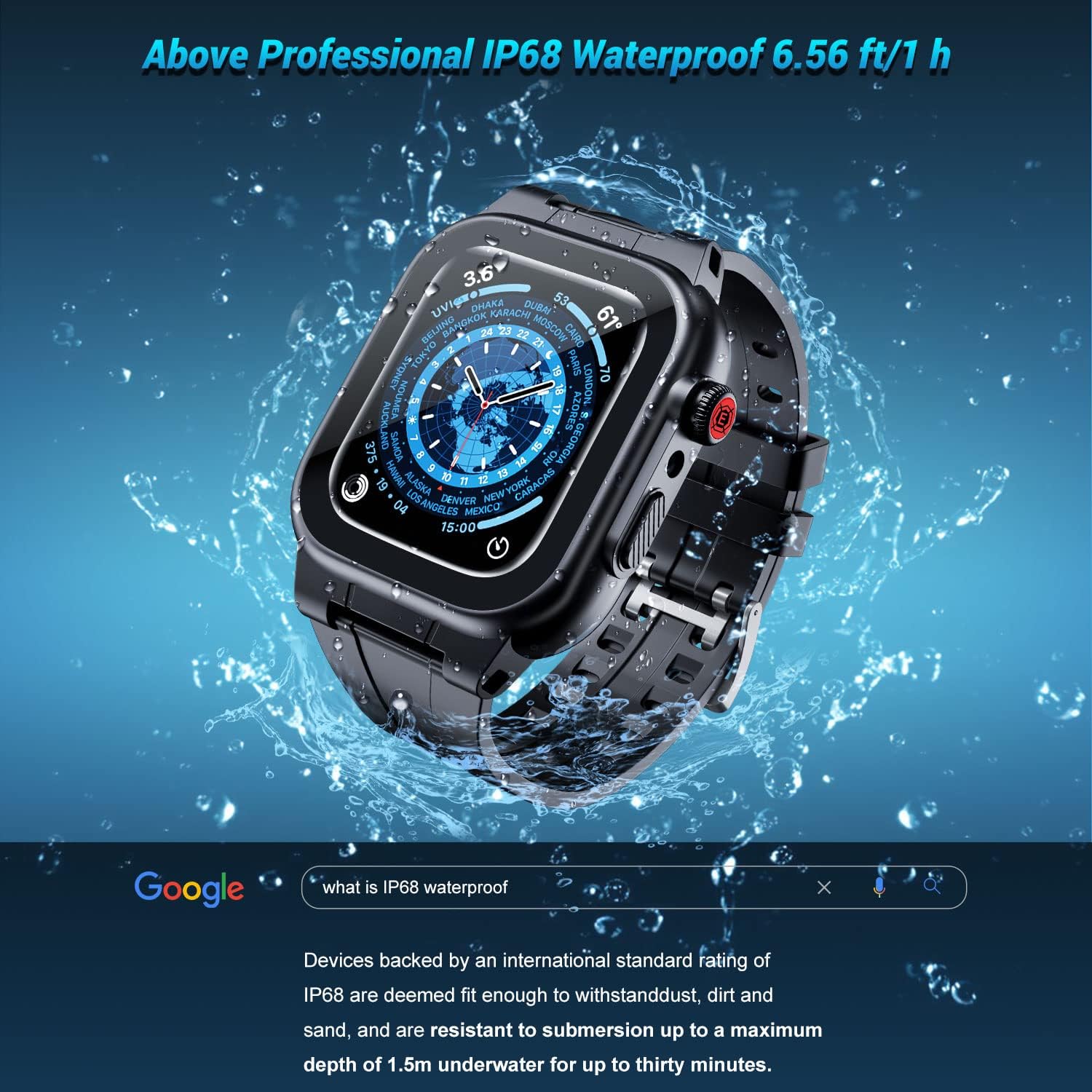 Funda impermeable para Apple Watch de 1.772 pulgadas, 1.732 pulgadas, 1.654 pulgadas, 1.614 pulgadas, 1.575 pulgadas, 1.496 pulgadas, con correa,