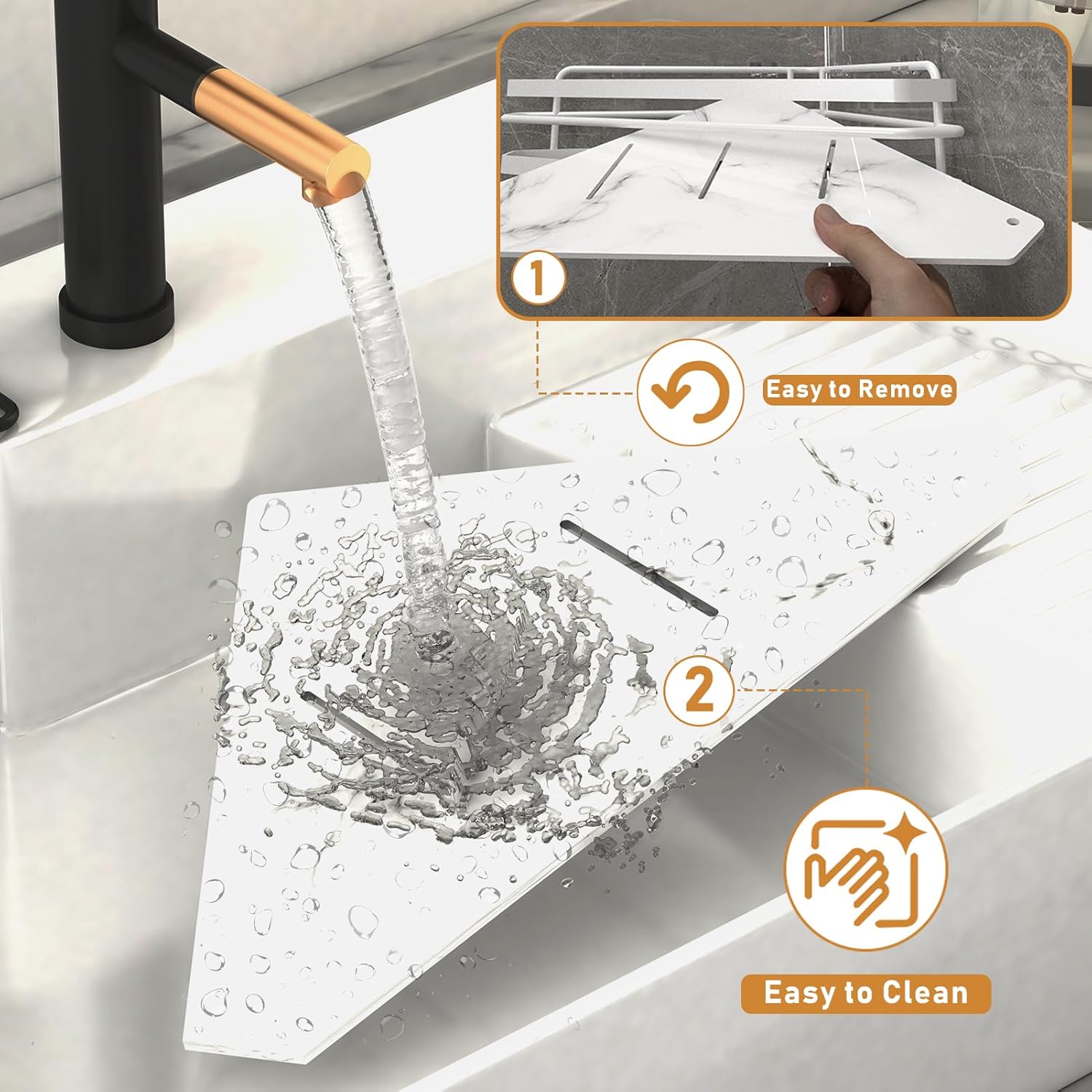 Organizador de ducha esquinero, paquete de 3 estantes de ducha autoadhesivos para baño, estante de ducha de mármol sintético extraíble con barra de