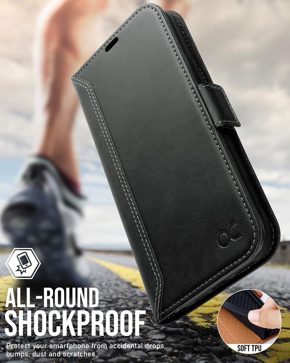 OCASE Funda compatible con iPhone 15 Pro Max, funda tipo cartera de piel sintética con tarjeteros, bloqueo RFID, soporte a prueba de golpes, funda