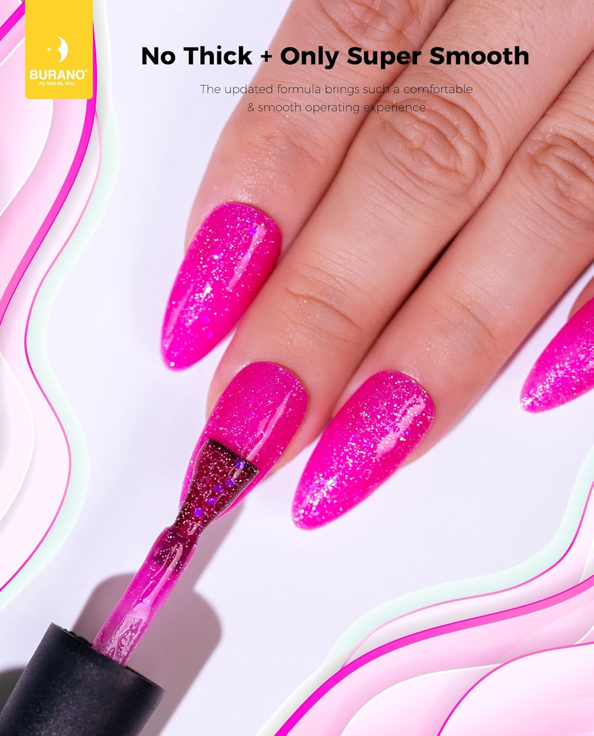 BURANO Esmalte de uñas de gel con purpurina, secado UV LED, efecto holográfico, gel brillante sin astillas, rosa intenso (LP14)