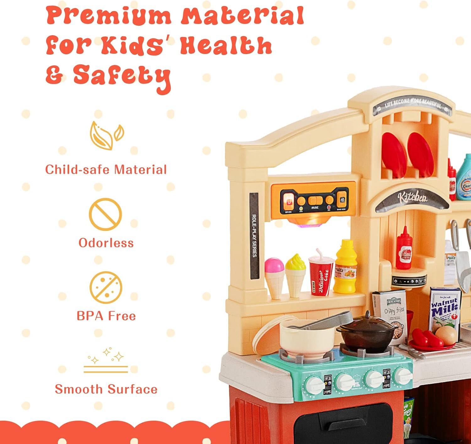 HONEY JOY Juego de cocina para niños, cocina grande de plástico con luces y sonidos realistas, música, función de agua corriente y vapor, 69