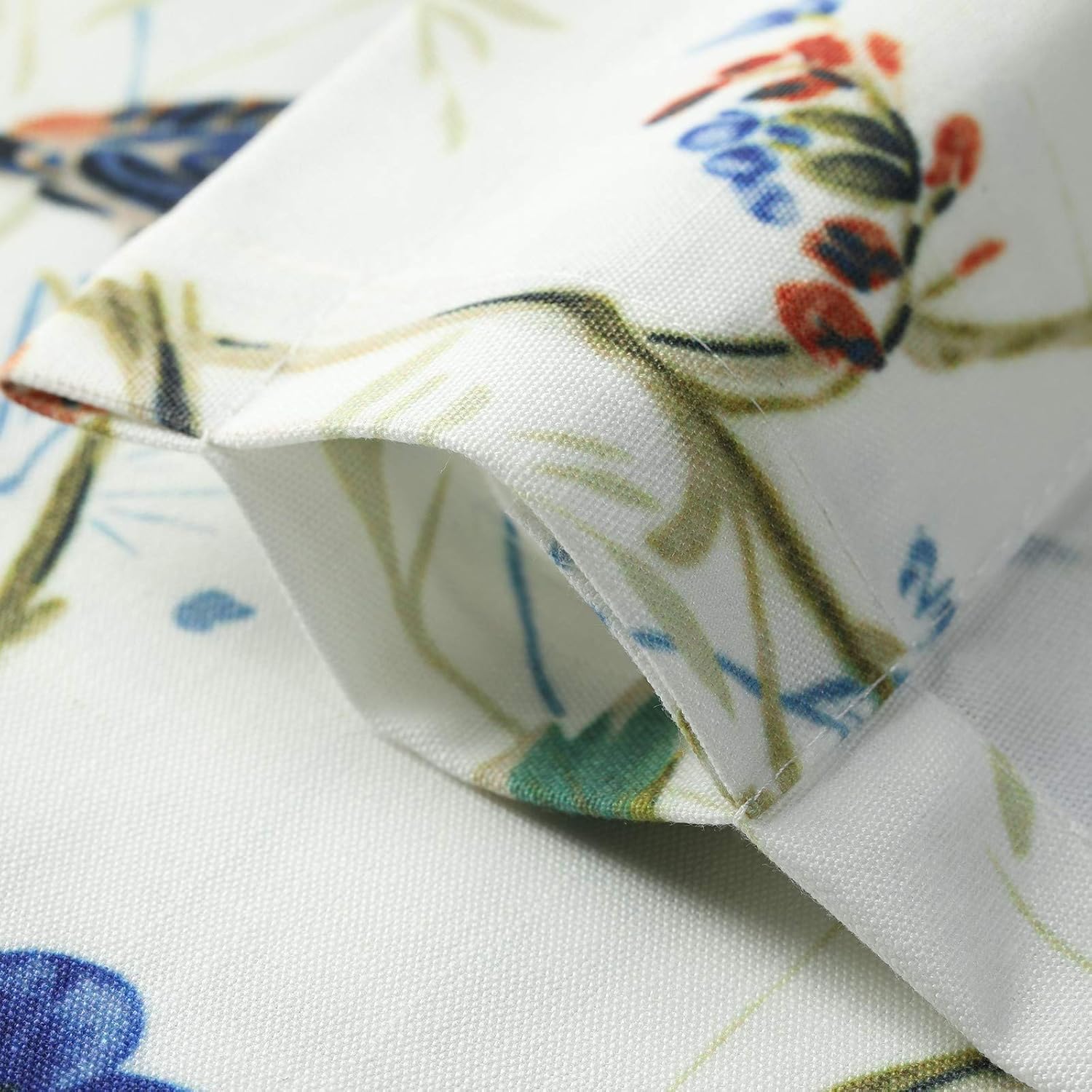 VOGOL Cortinas de cenefa azul para sala de estar, lino texturizado con estampado de pájaros y flores, cortinas de ventana con bolsillo para barra,