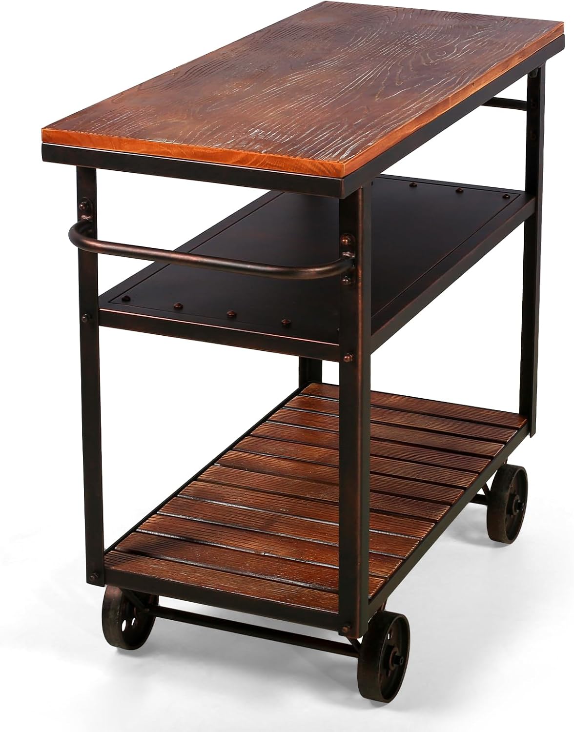 Carrito de bar industrial, carrito de servicio con ruedas y asa, carrito de metal para bebidas de 3 niveles con bandeja extraíble y estantes de