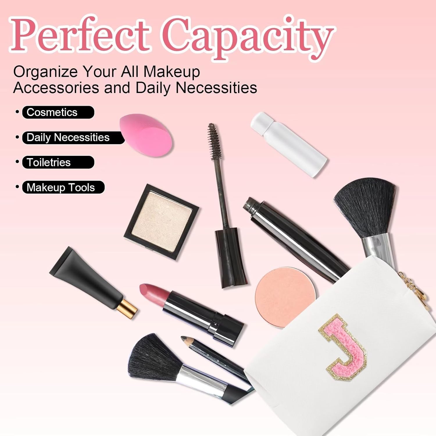 Pequeña bolsa de maquillaje personalizada, bonita bolsa de maquillaje de piel sintética con letras de chenilla, bolsa de cosméticos de viaje, bolsa