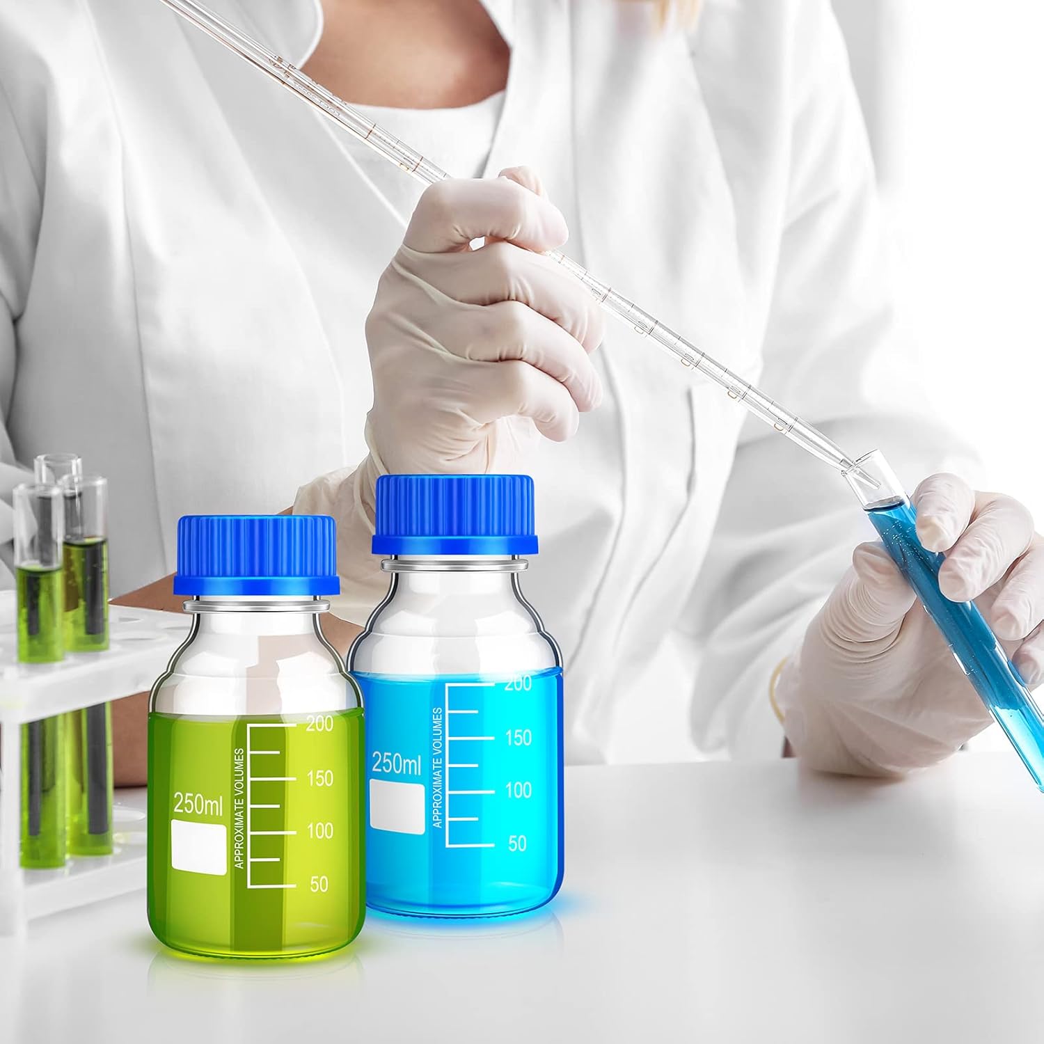 16 botellas de almacenamiento de medios, botella de vidrio de almacenamiento de borosilicato, botella científica redonda graduada con tapa de rosca