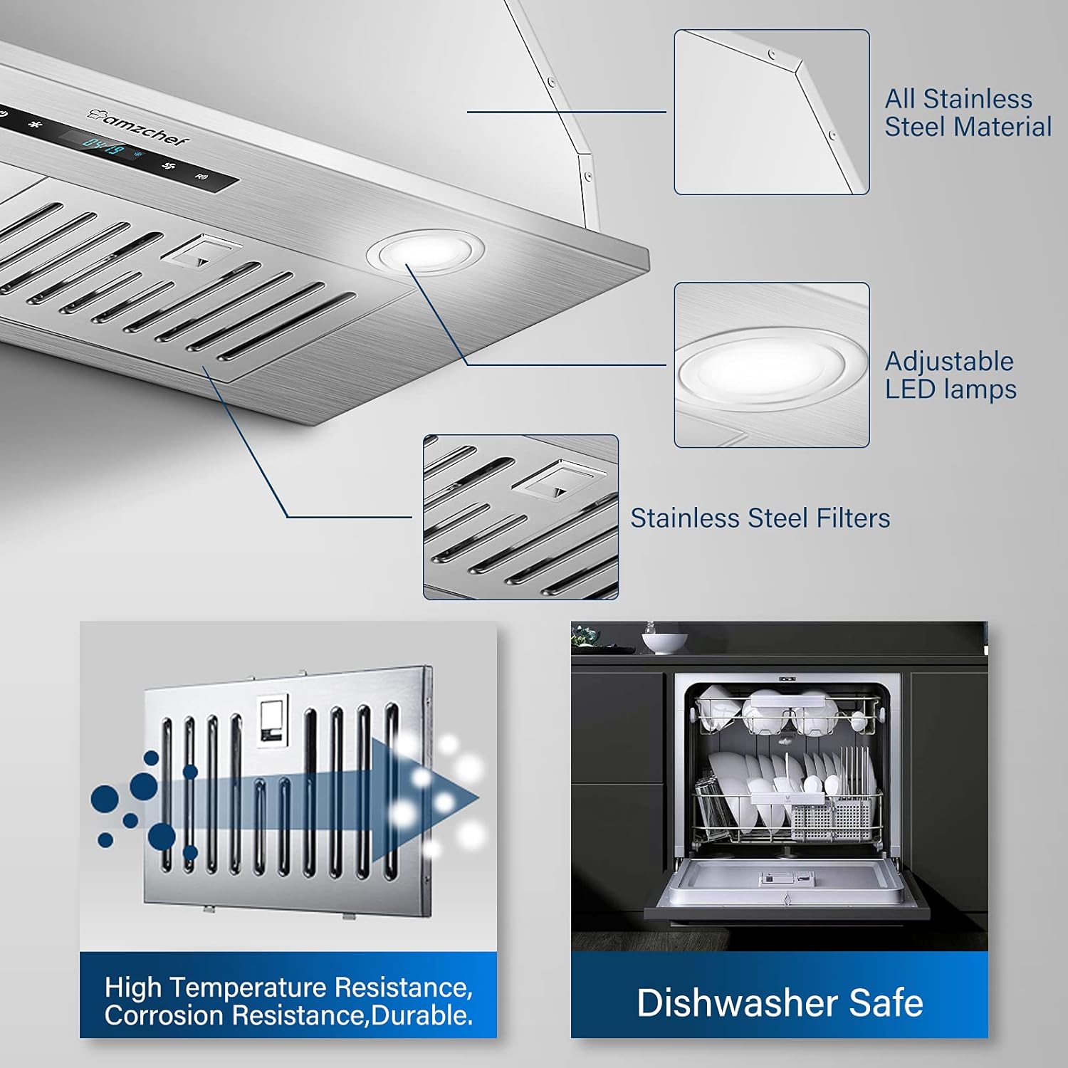 AMZCHEF Campana extractora de 30 pulgadas, campana extractora de acero inoxidable de 900 CFM, campana de ventilación integrada con ventilador de