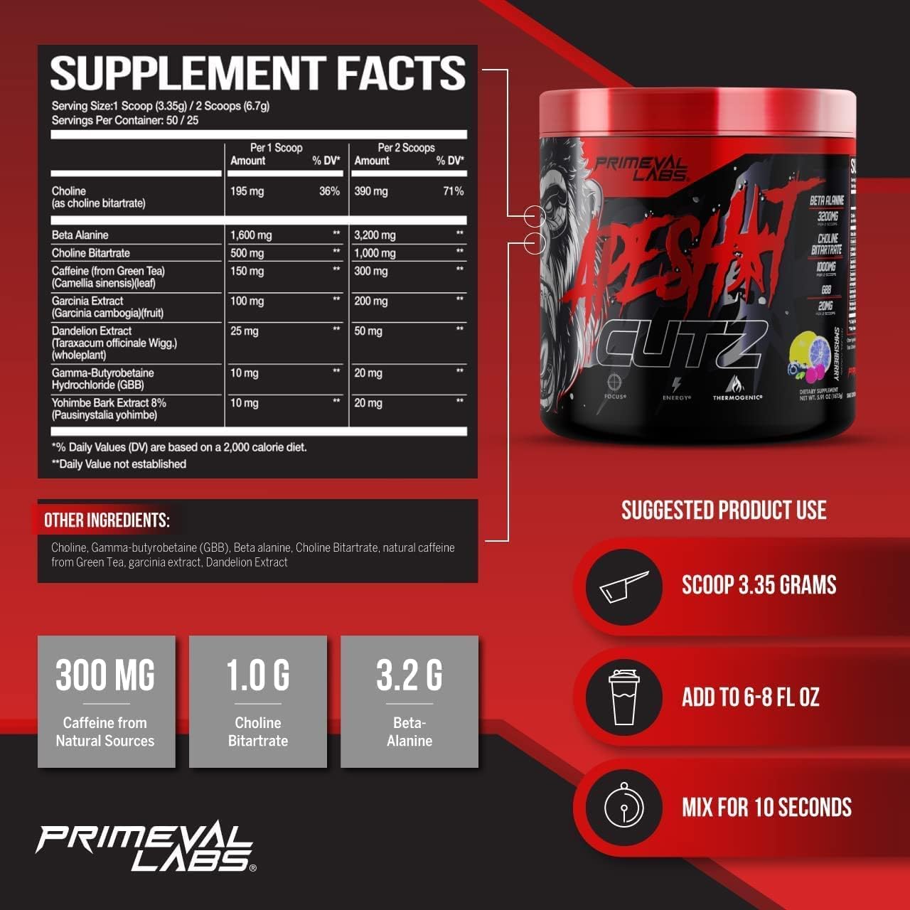 Primeval Labs Ape Sh*t Cutz – Quemador termogénico de energía y grasa para preentrenamiento, formulado científicamente, mayor resistencia,