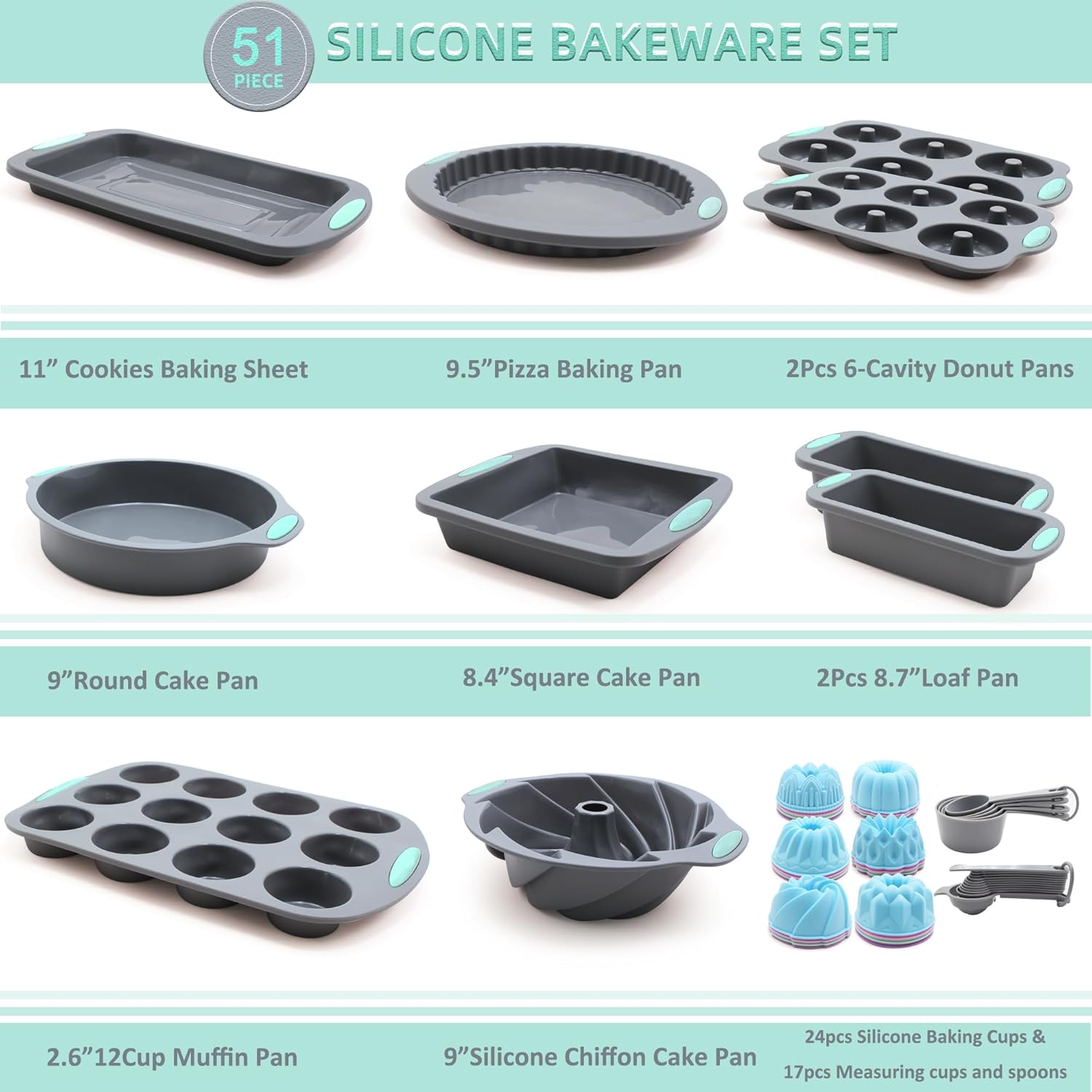 Tongjude Juego de 51 utensilios de silicona para hornear, moldes antiadherentes para hornear, moldes de silicona para pasteles con molde para