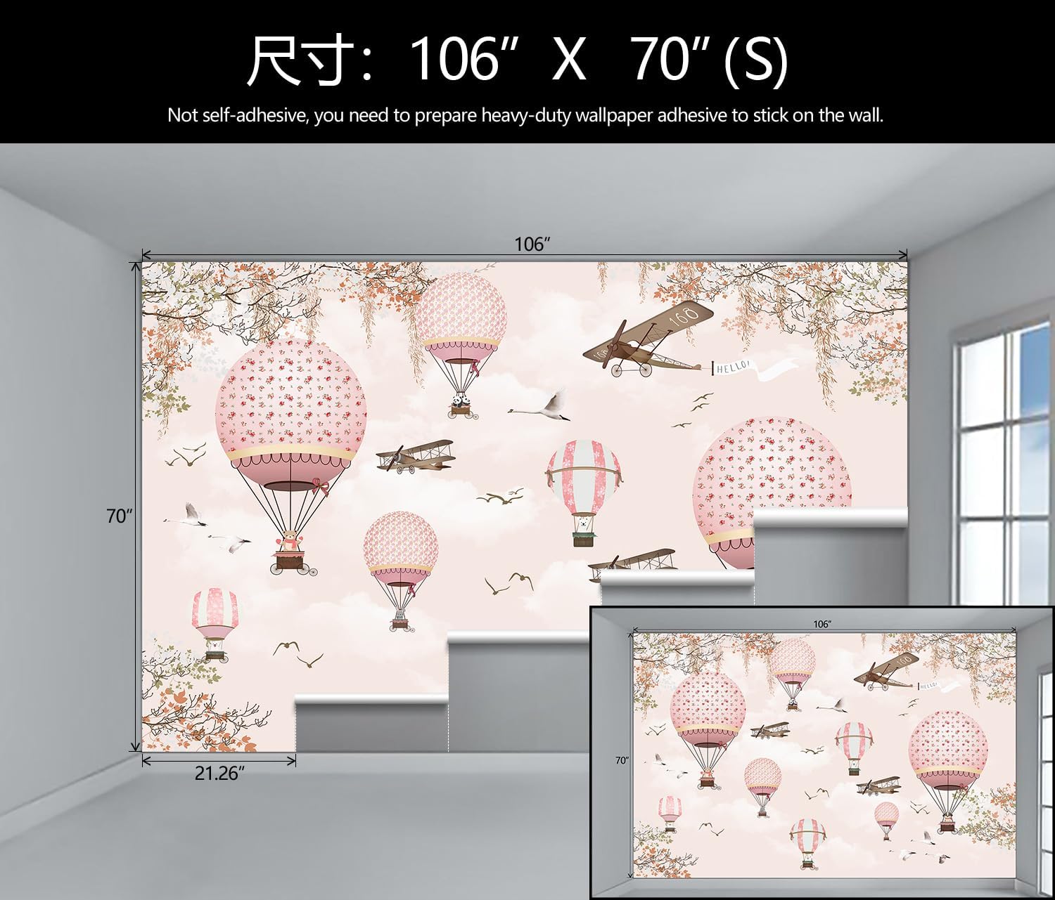 Papel tapiz de globo aerostático con bonitos animales, aviones, papel tapiz rosa para decoración de pared de guardería, dormitorio de niñas,