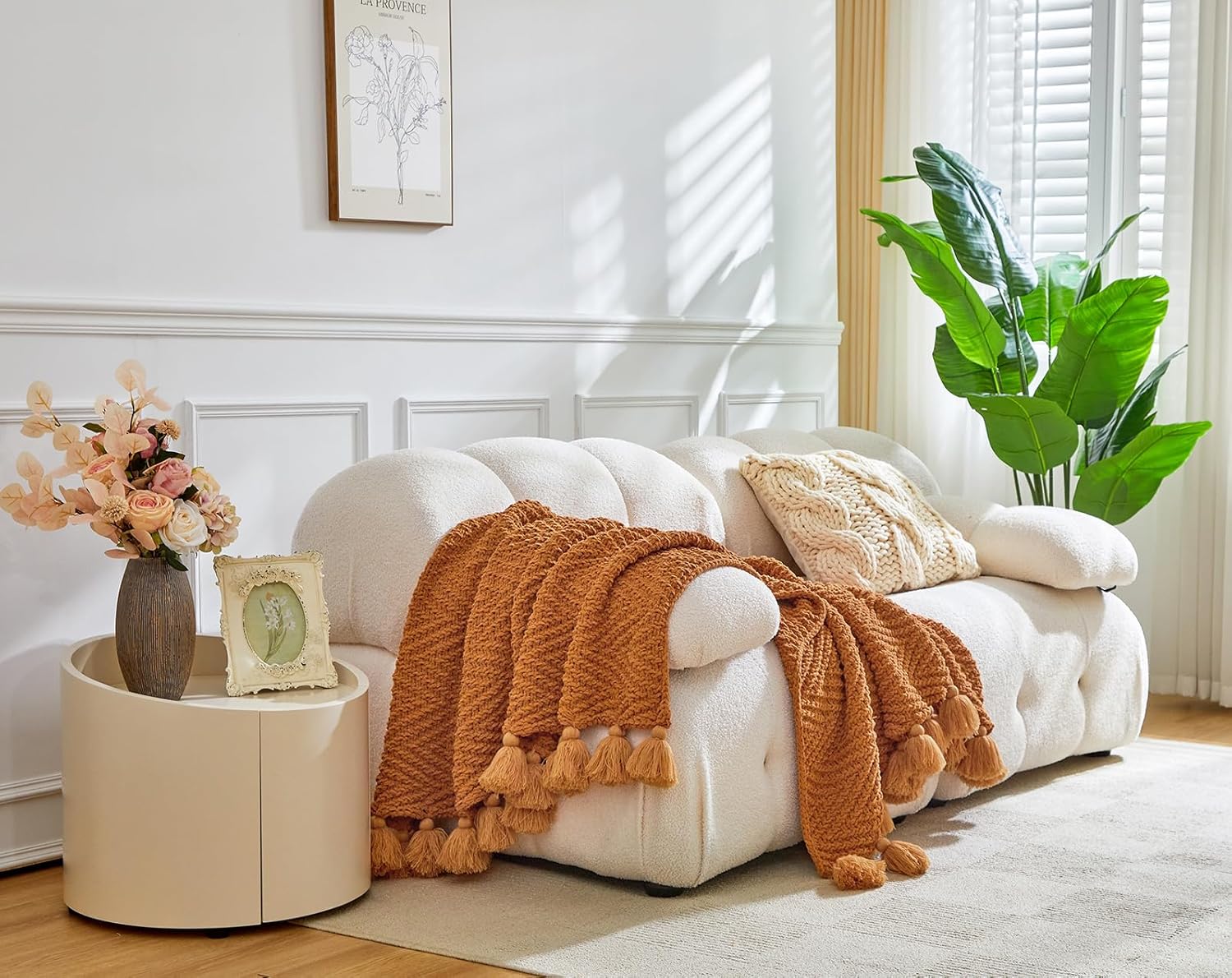 Manta de punto naranja óxido con flecos, manta de punto grueso de felpilla suave y ligera para sofá, cama, exteriores y viajes, 51 x 63 pulgadas,