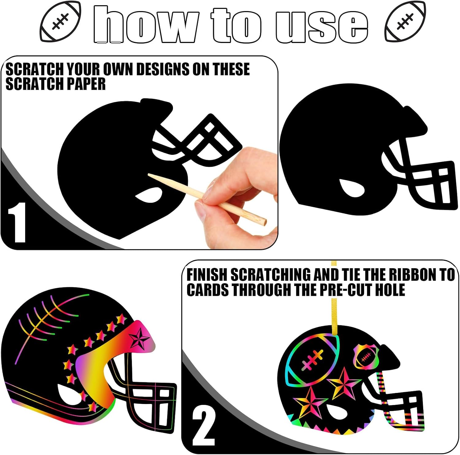 Syhood Juego de 64 piezas de manualidades de papel para rascar de fútbol, casco de fútbol, tarjetas de rascar con lápiz óptico de madera y cintas
