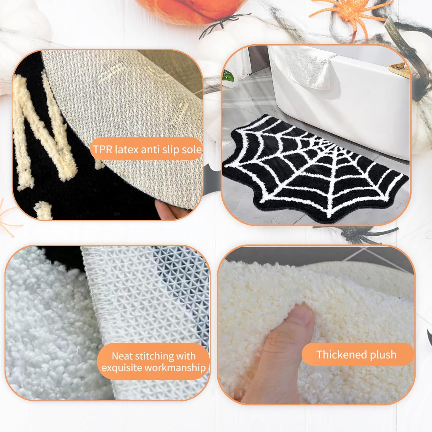 Tapete de baño de tela de araña de Halloween, antideslizante, gótico, lindo, negro y blanco, tapete de baño de medio círculo, para baño, puerta