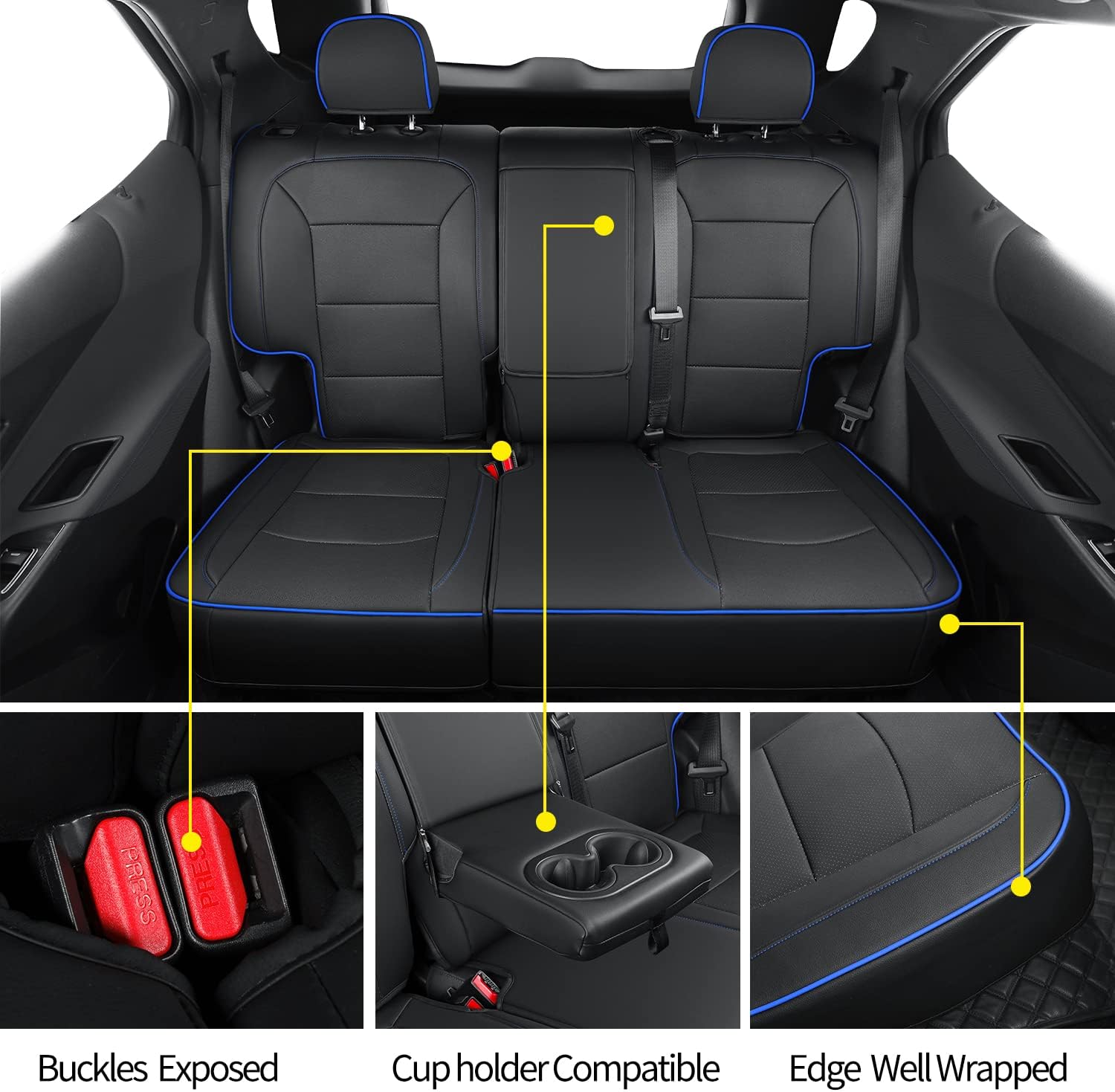 Fundas de asiento de terreno, aptas para GMC Terrain SLE SLT Denali AT4 SL 4dr SUV, piel sintética resistente al agua (juego completo, negro y azul)