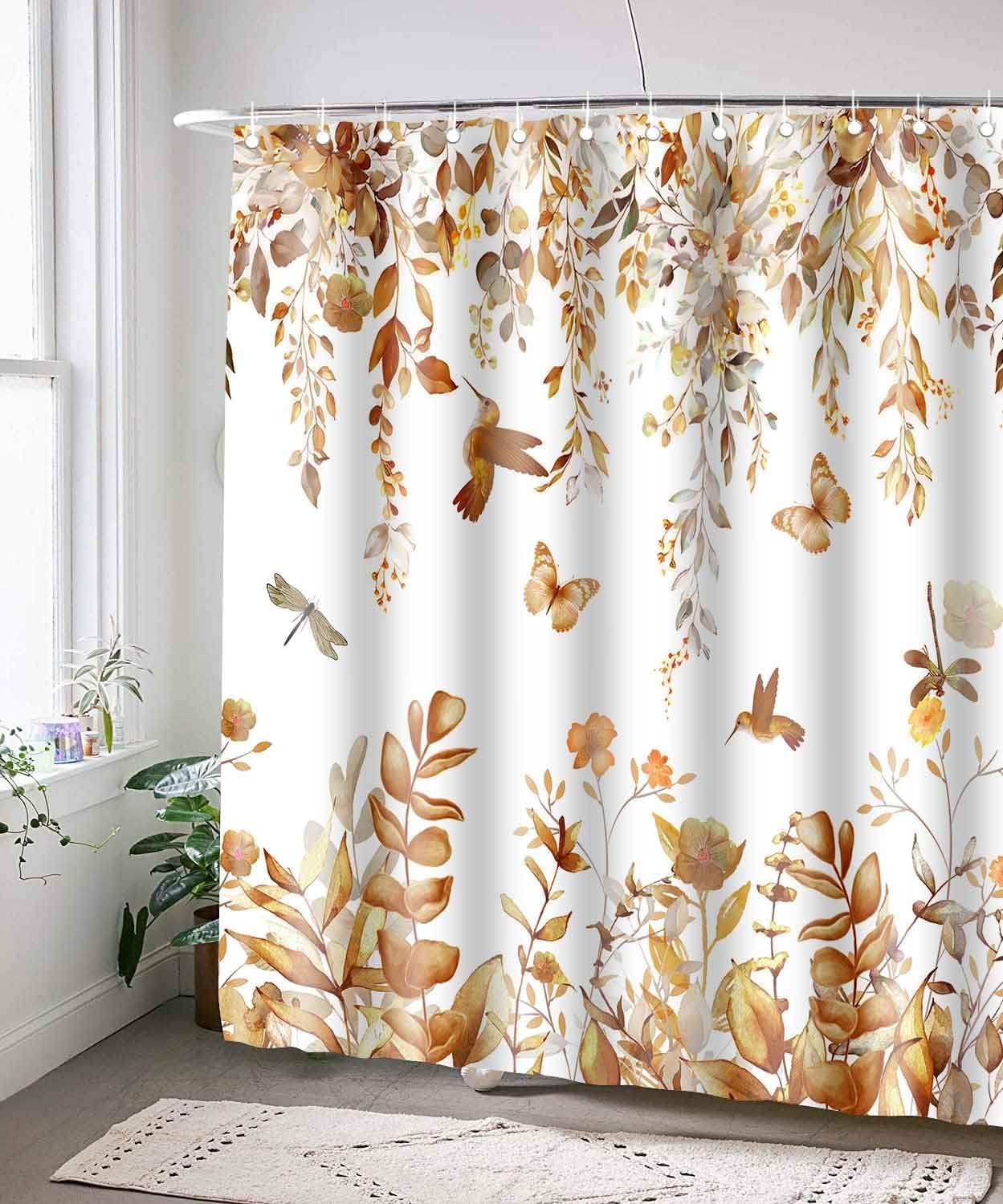 Cortina de ducha de hojas de eucalipto amarillas, acuarela floral, hojas de otoño, flores, colibrí, pájaro, mariposa, granja, juego de cortinas de