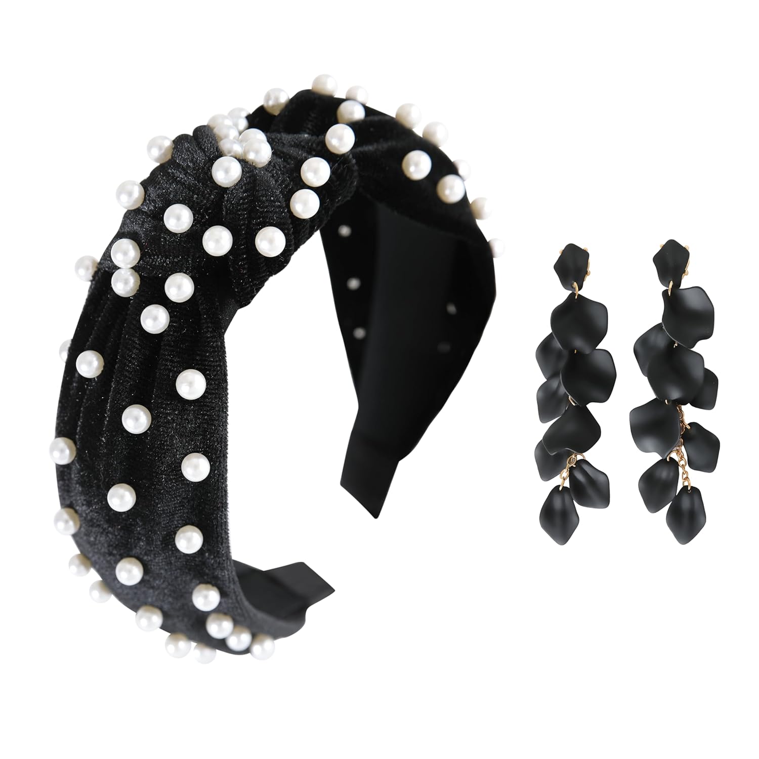 Diadema anudada de perlas para mujer con pétalos de rosa largos, pendientes colgantes negros