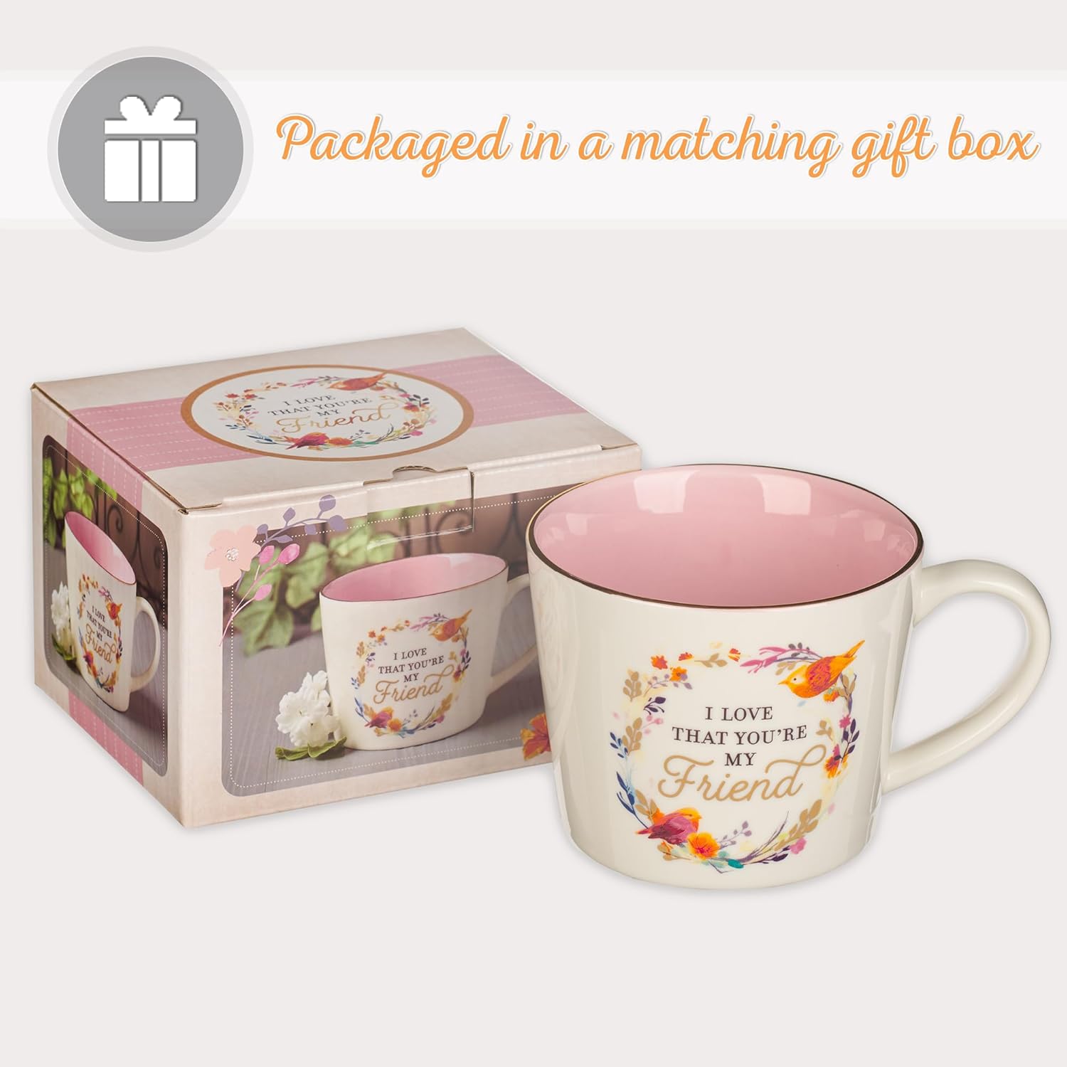 Christian Art Gifts Taza de cerámica floral para café y té de 13 onzas, taza inspiradora de las Escrituras para mujeres I Love that You’re My Friend