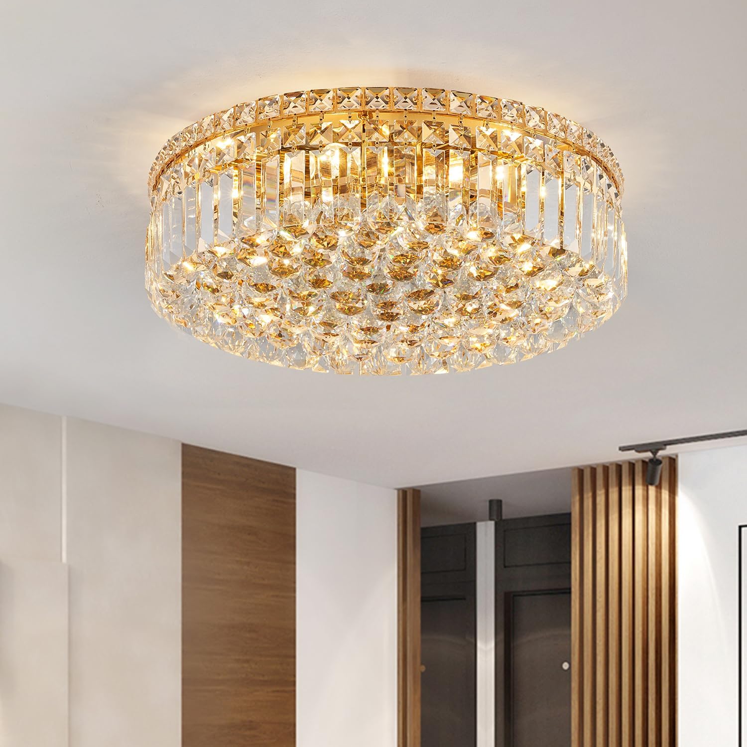 CEENLI Lámpara de araña de cristal dorado con 6 luces de montaje empotrado, lámpara de techo moderna de cristal K9, elegante lámpara colgante para