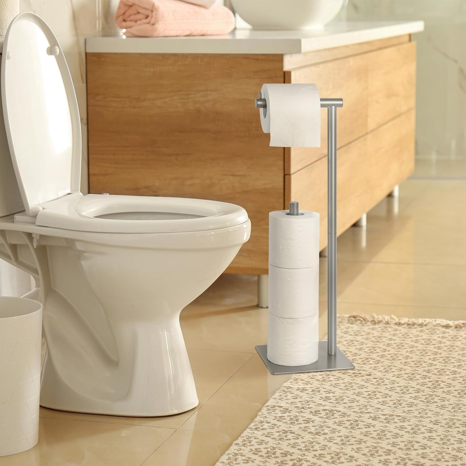Soporte de papel higiénico plateado para baño, soporte de papel higiénico independiente con estante de almacenamiento de papel higiénico de reserva,