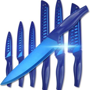 LIFVCNT Juego de cuchillos de cocina profesionales azules de 7 piezas, juego de cuchillos de carne dentados, juego de cuchillos de chef de acero LIFVCNT Juego de cuchillos de cocina profesionales azules de 7 piezas, juego de cuchillos de carne dentados, juego de cuchillos de chef de acero