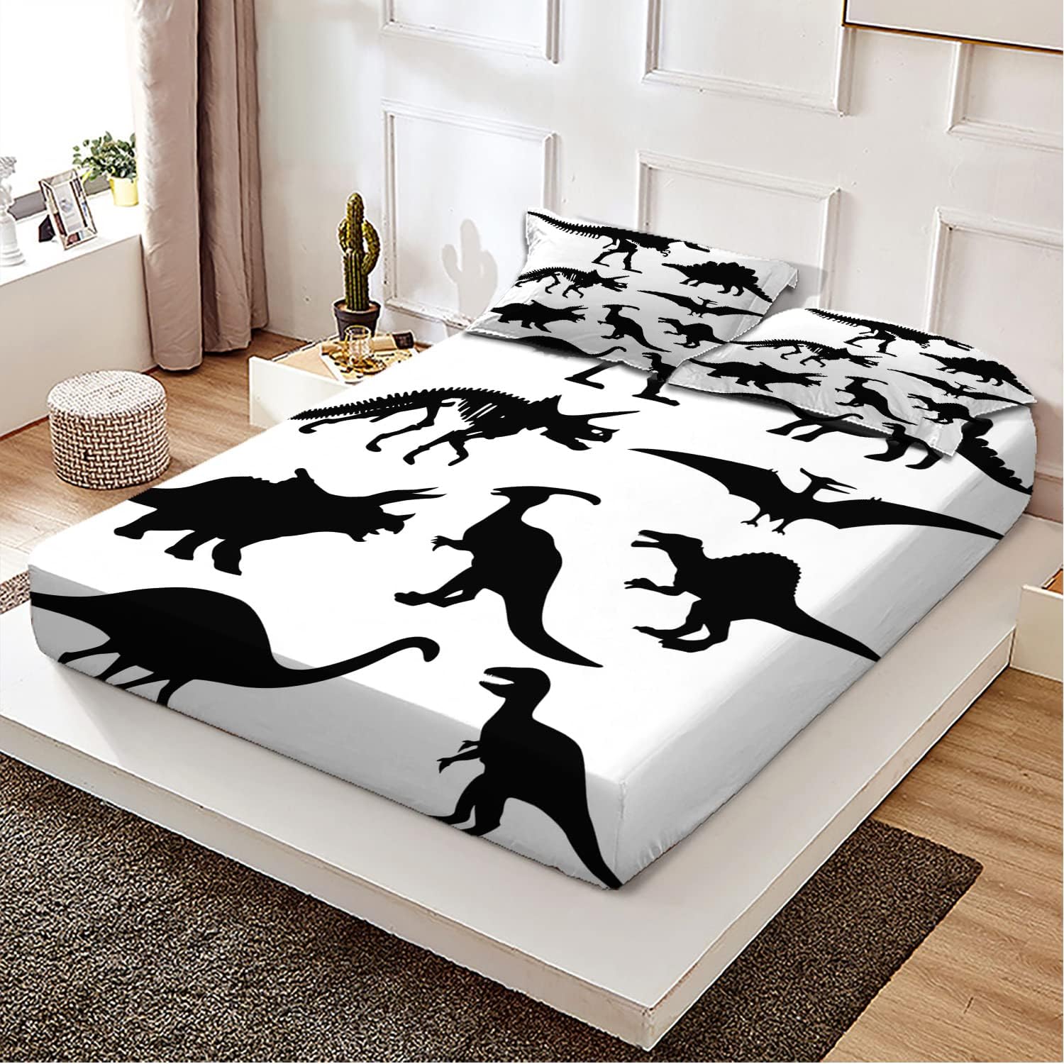 Juego de sábanas bajeras con temática de dinosaurio, patrón de silueta de dinosaurio, juego de cama decorativo impreso de 3 piezas, sábana bajera de