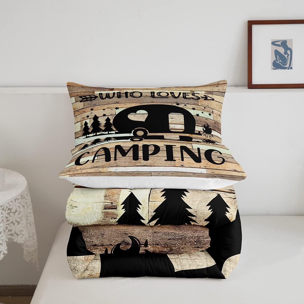 Juego de edredón de caravana de viaje, tamaño Queen, juego de ropa de cama rústica marrón con puerta de granero de 3 piezas para niños, adolescentes