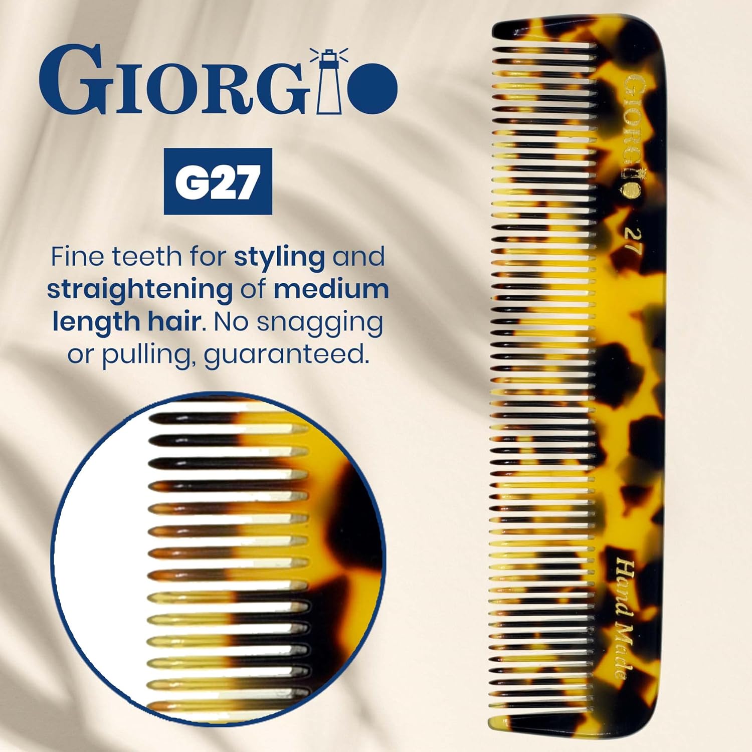 Giorgio G27 – Peine de bolsillo de dientes finos hecho a mano, alisador de peine para el cuidado diario del cabello, bigote y barba para hombres,
