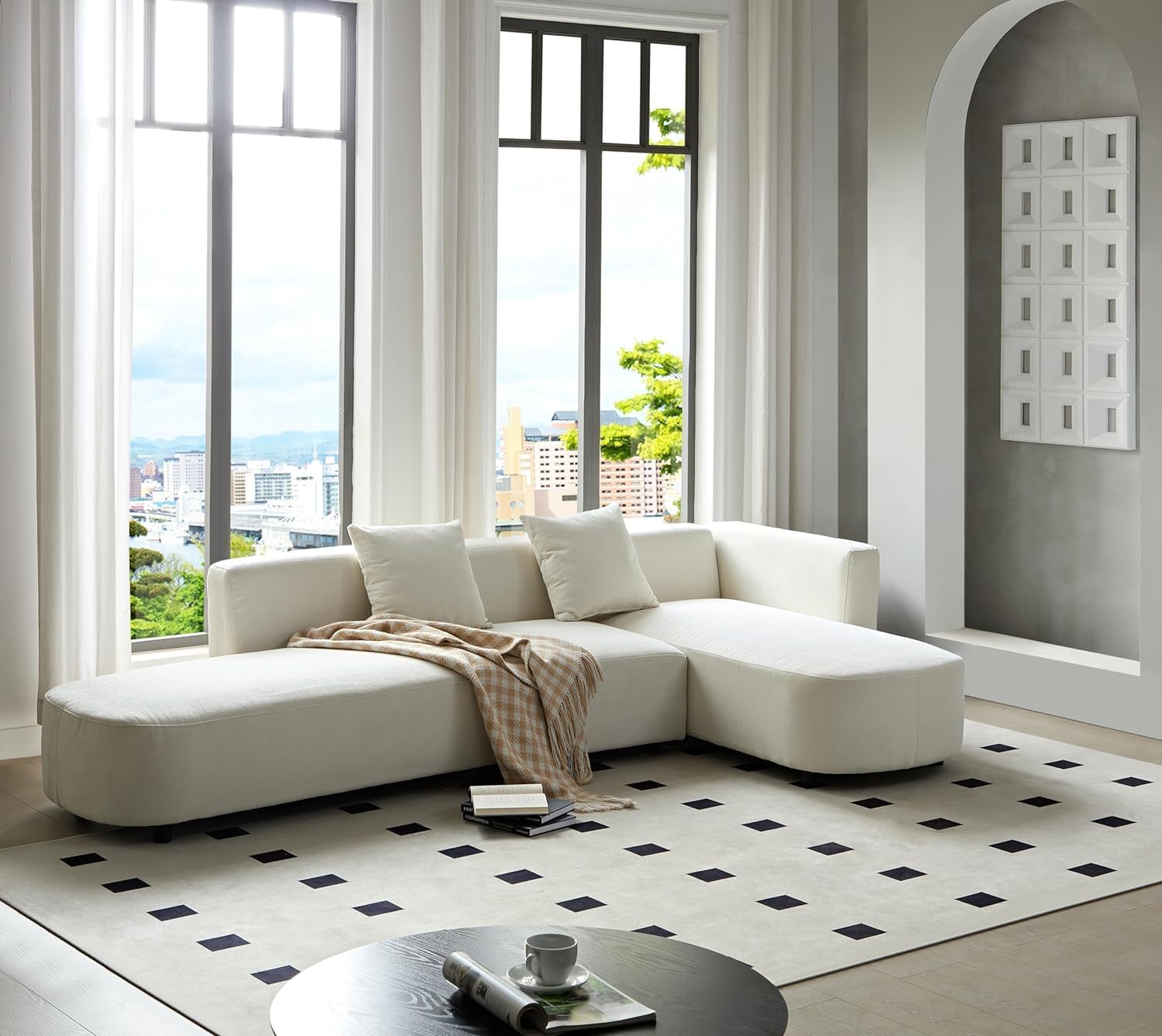 Sofá de estilo moderno de 110.2 pulgadas, sofá de lujo, tapizado otomano curvado de 4 asientos, sofá de felpilla orientado a la derecha para