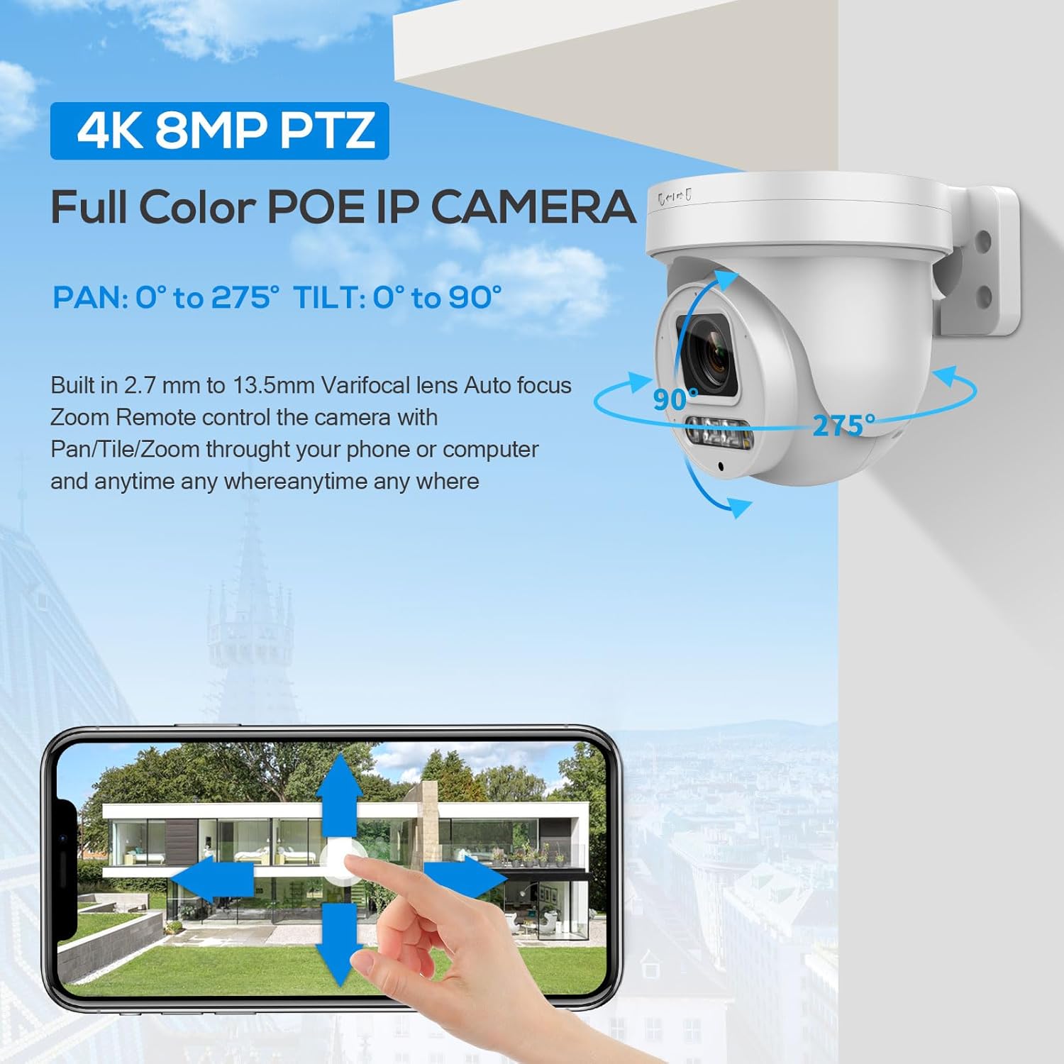 Compatible con Hikvision 4K PTZ 8MP cámara IP PoE a todo color, zoom óptico 5X 2.7  0.531 in, detección de humanos y vehículos AI, focos de 98 pies