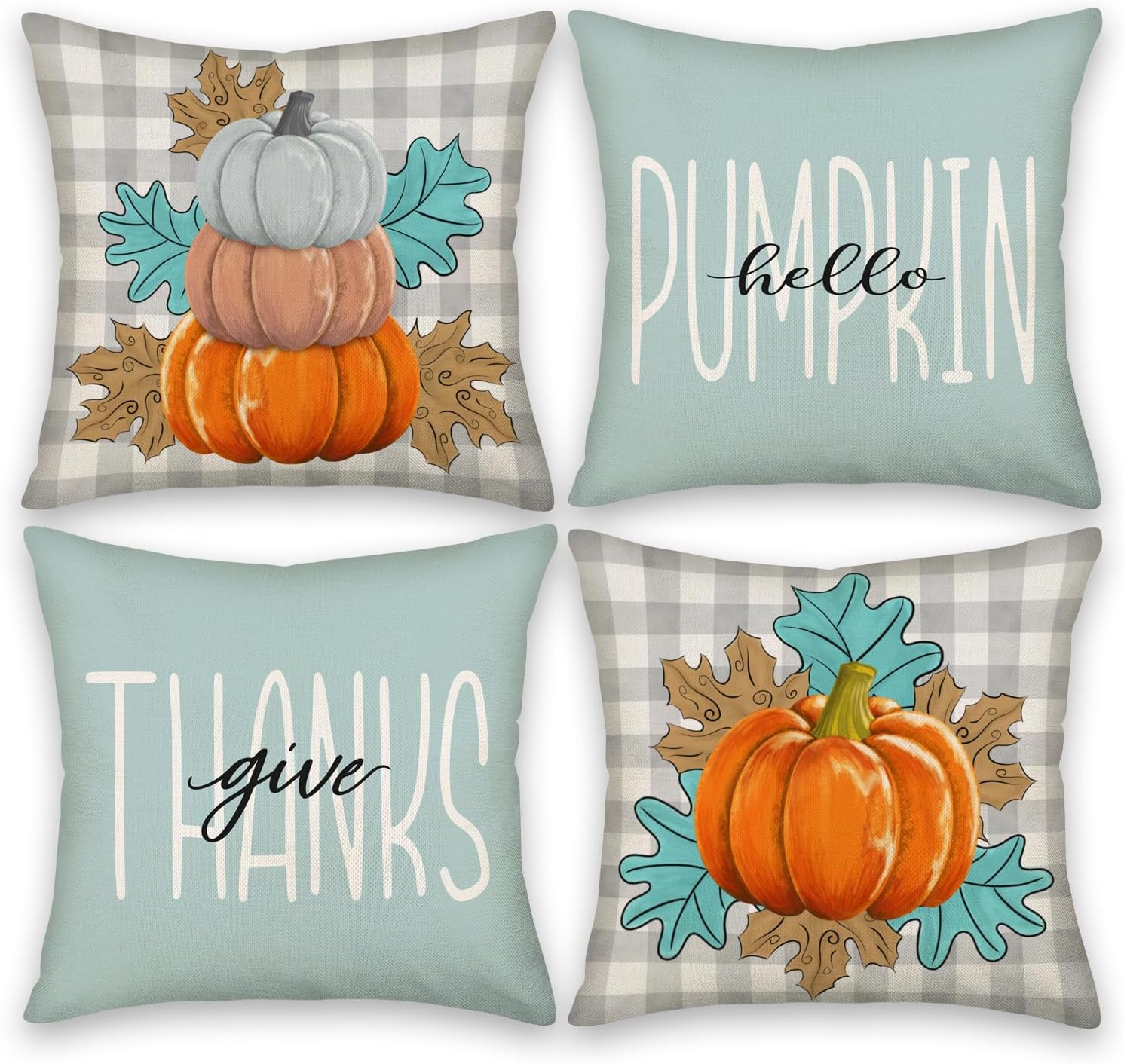 Juego de 4 fundas de almohada de otoño de 22 x 22 pulgadas, diseño de búfalo con texto en inglés “Hello Pumpkin Give Though”, a cuadros, decoración