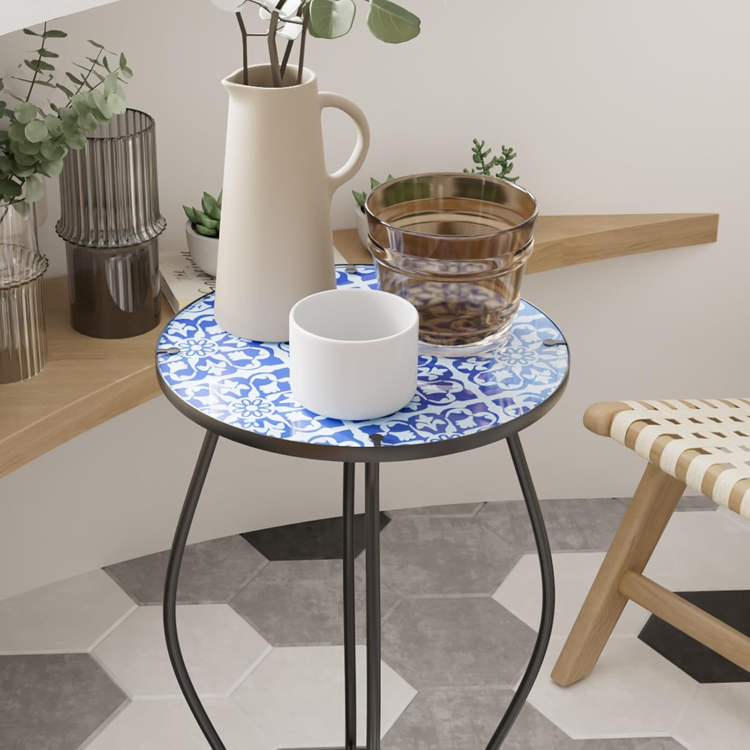 Paytonture Mesa auxiliar de patio, mesa de mosaico al aire libre, mesa auxiliar de plantas, porche pequeño, mesa azul y blanca para interiores,