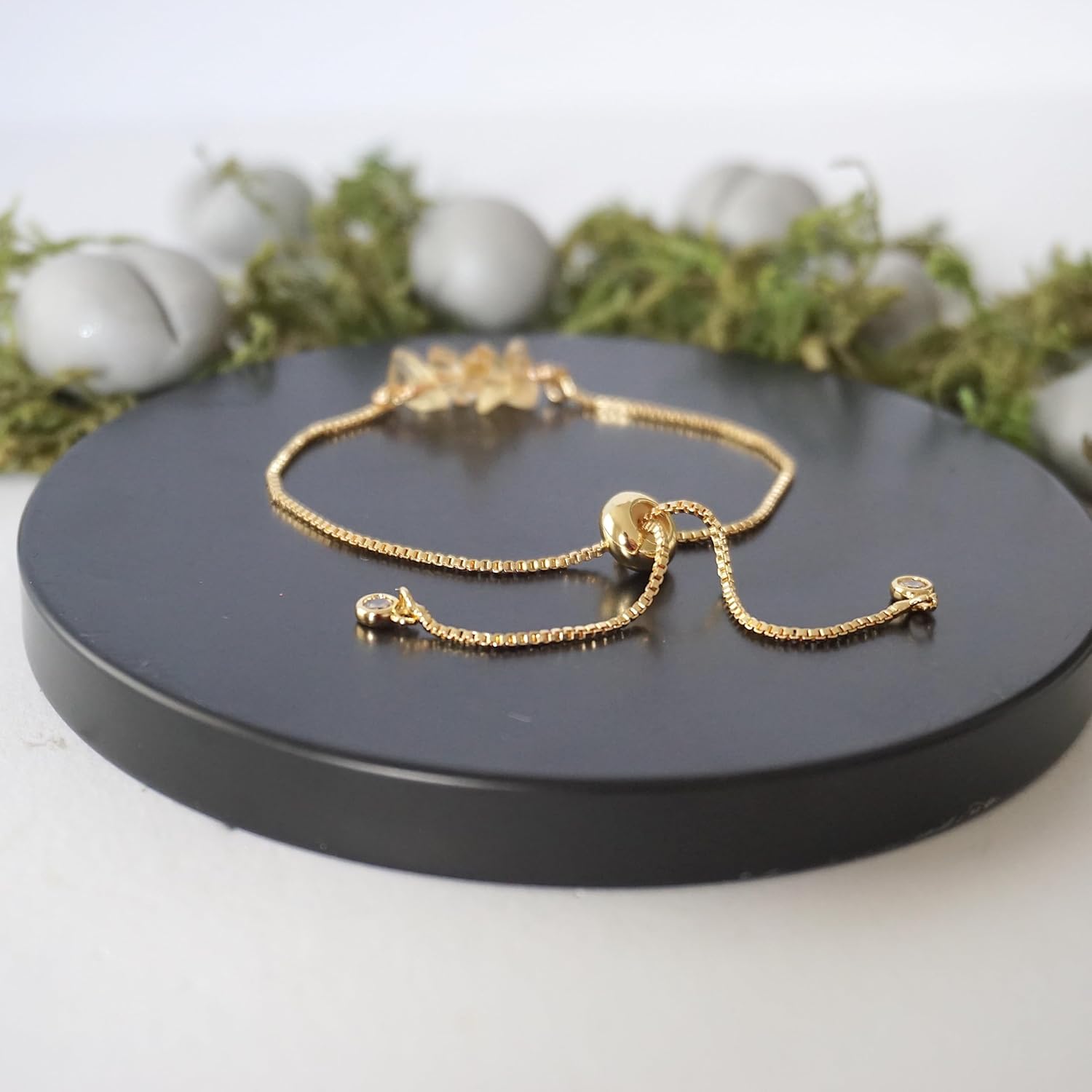 Designs by Nature Gems Citrine Crystal Bracelet, November Birthstone Jewelry, Adjustable Slider Chain Bolo Bracelet, Gold Plated Chakra Bar