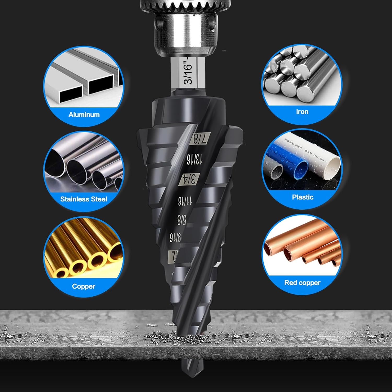 Broca escalonada para madera de metal de 316 a 78 pulgadas, 4 flautas en espiral, Unibit de cobalto M35 HSS, vástago hexagonal de 14 pulgadas, broca