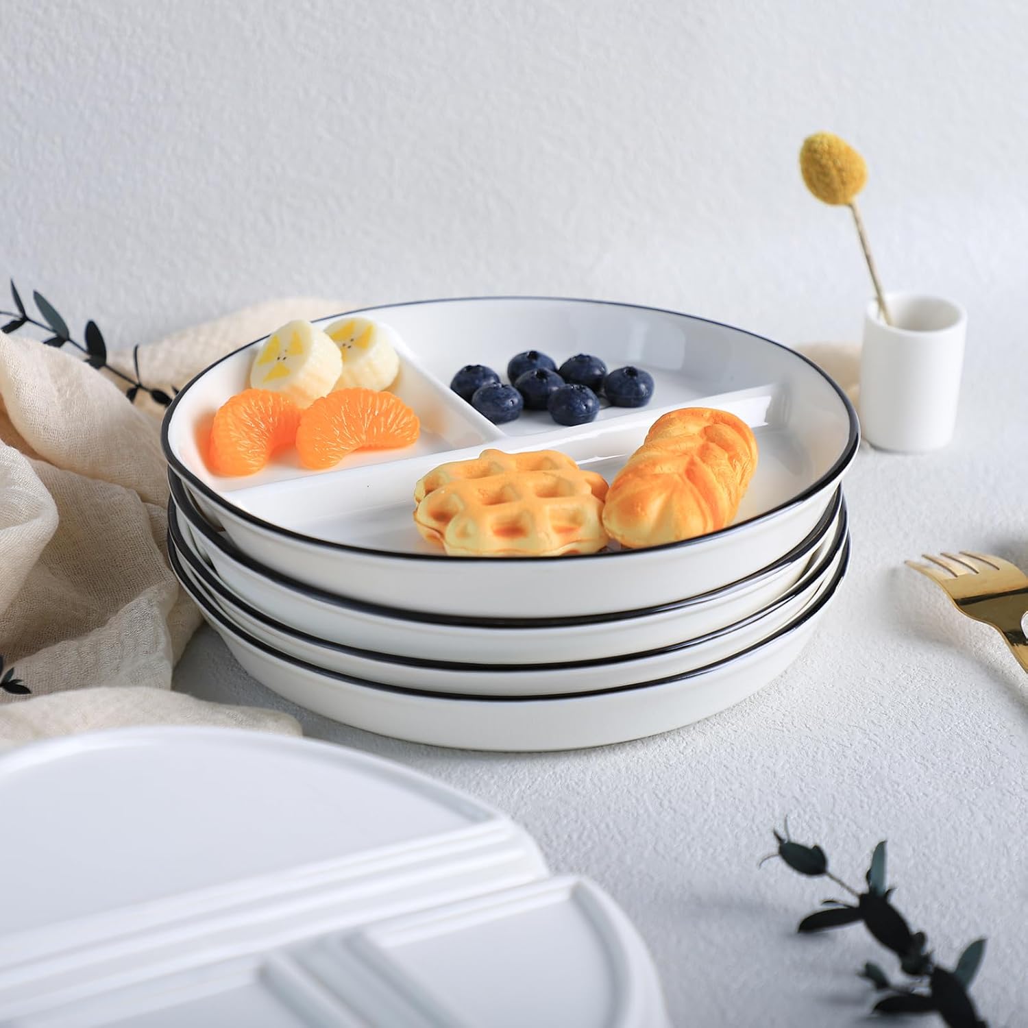 SOCOSY Plato de cerámica de control de porciones de 3 compartimentos, platos divididos, plato de postre dividido, plato de ensalada, plato de cena,