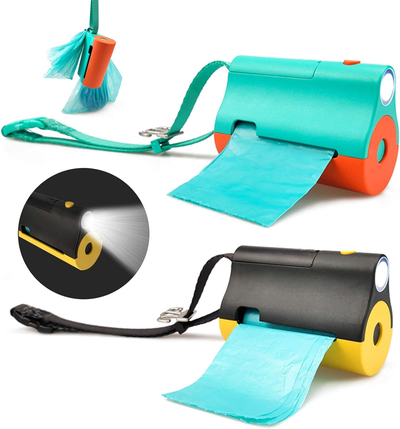Soporte 3 en 1 para bolsas de excremento de perro con linterna LED integrada para correa y clip de metal para colgar bolsas usadas, dispensador de